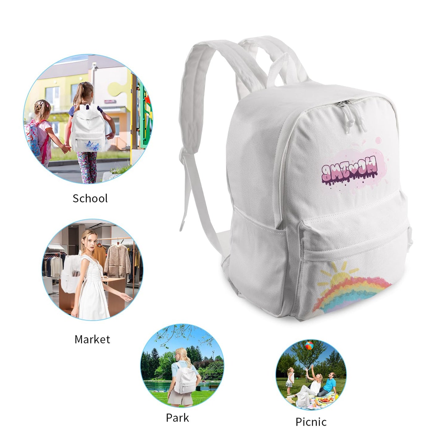 Buluzine DIY Canvas Backpack White Backpack Large Casual Daypack Satchel Laptop Backpack Unisex, standard