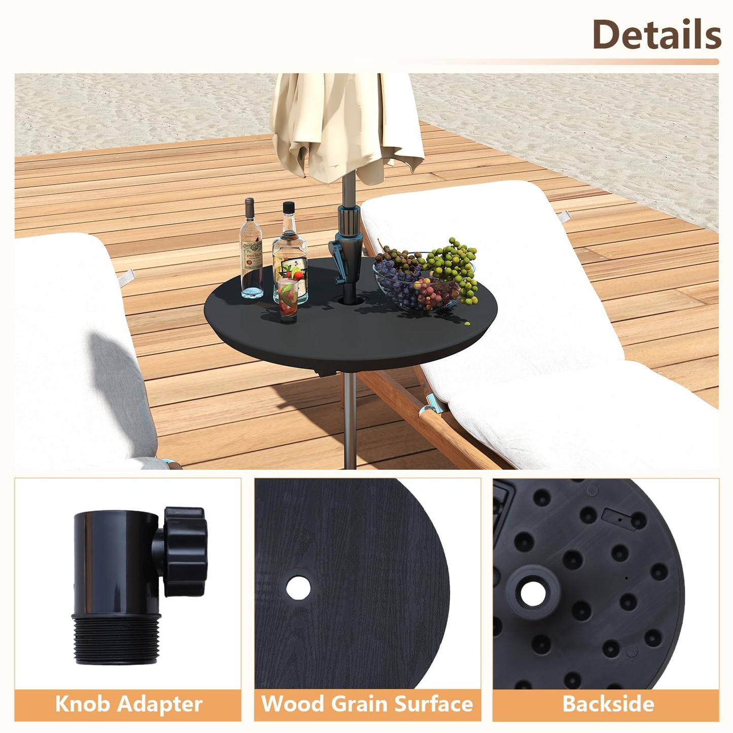 C-Hopetree 20" Patio Outdoor Umbrella Table Tray with 1.5" Hole, Small Round Top for Backyard, Pool, Beach, Deck, Garden, Black