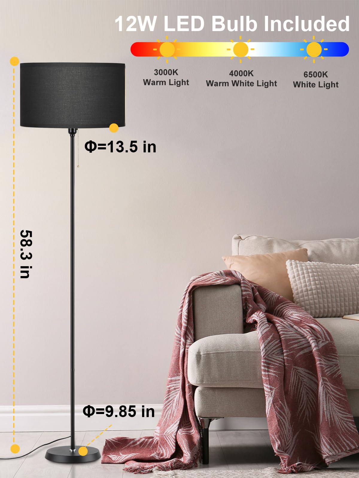 Dimmable Floor Reading Lamps for Living Room Farmhouse Corner Arc Standing LED Modern Floor Lamps, LED Bulb Includes (Black Linen Lampshape)