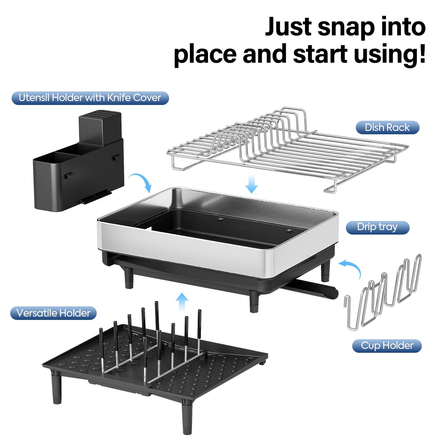 Expandable Dish Rack with Drainboard - Stainless Steel Dish Drainer with Removable Cutlery Tray, Foldable Cup Holder, Elevated Feet, Multifunctional Drainboard for Sink Countertop Kitchen Storage