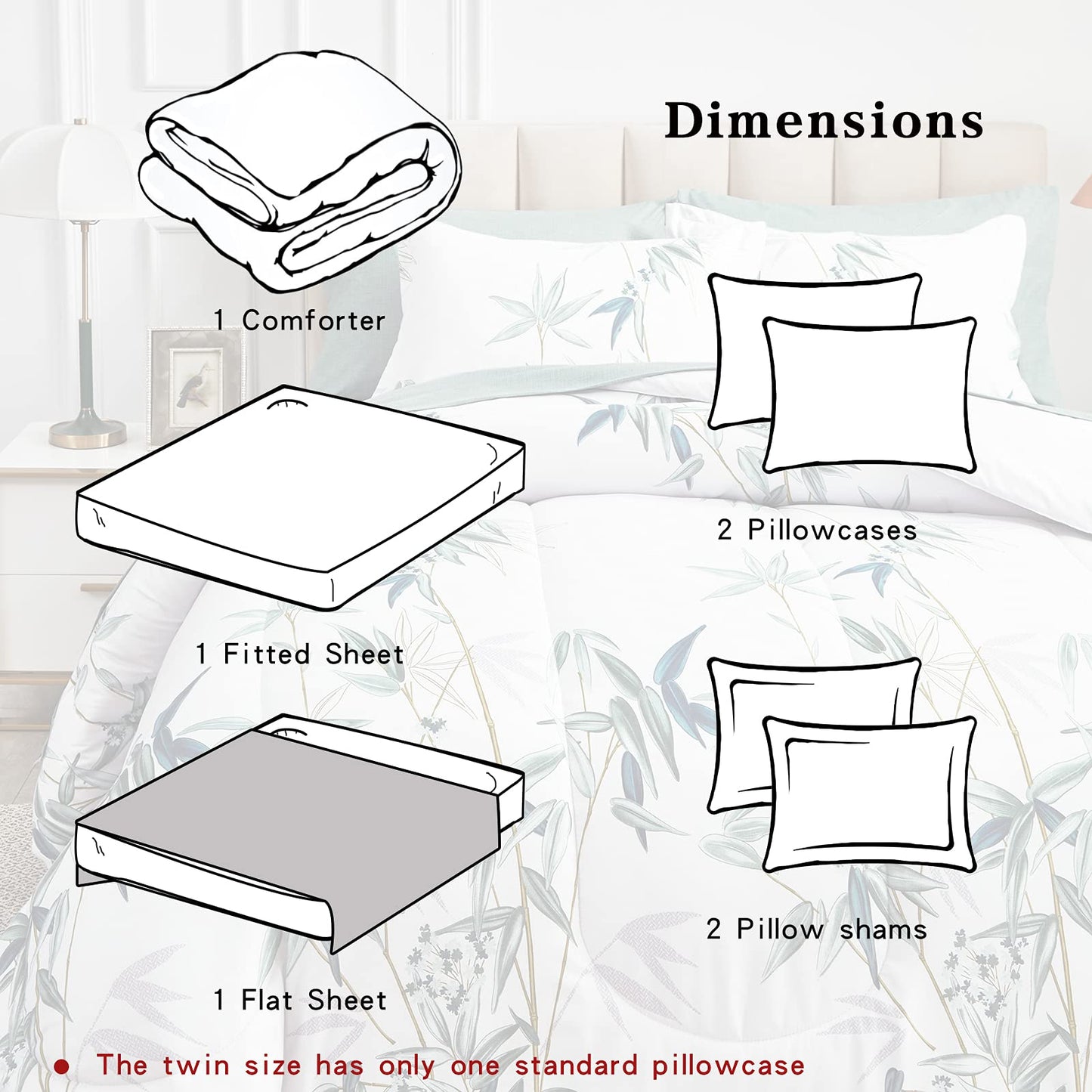 7 Pieces Bed in a Bag King Comforter Set with Sheets, Green Leaves on White Botanical Design Bedding Sets for All Season (1 Comforter, 2 Pillow Shams, 1 Flat Sheet, 1 Fitted Sheet, 2 Pillowcases)