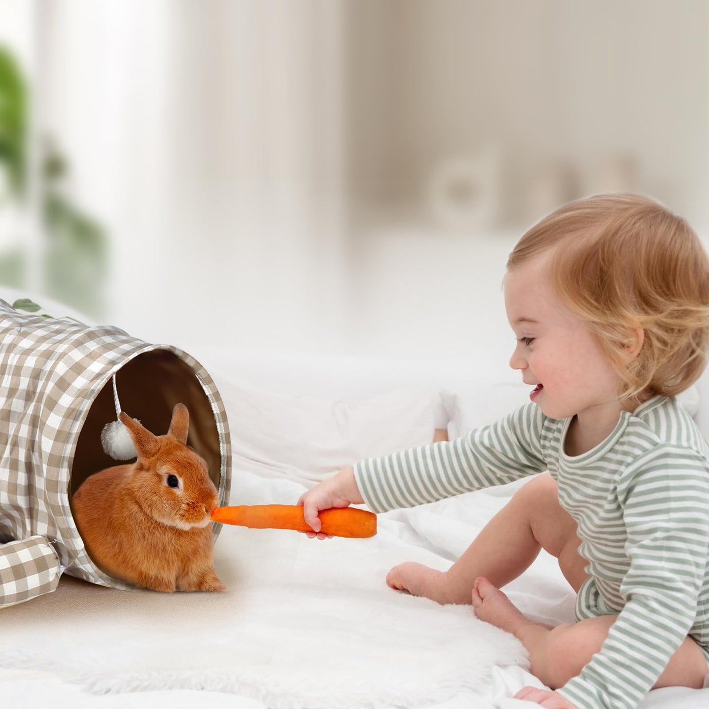 Bunny Tunnel Bed, 2-in-1 Collapsible Tunnel Tubes Toys with Removable Mat Hideout for Cats Kittens Rabbits Guinea Pigs Kitty