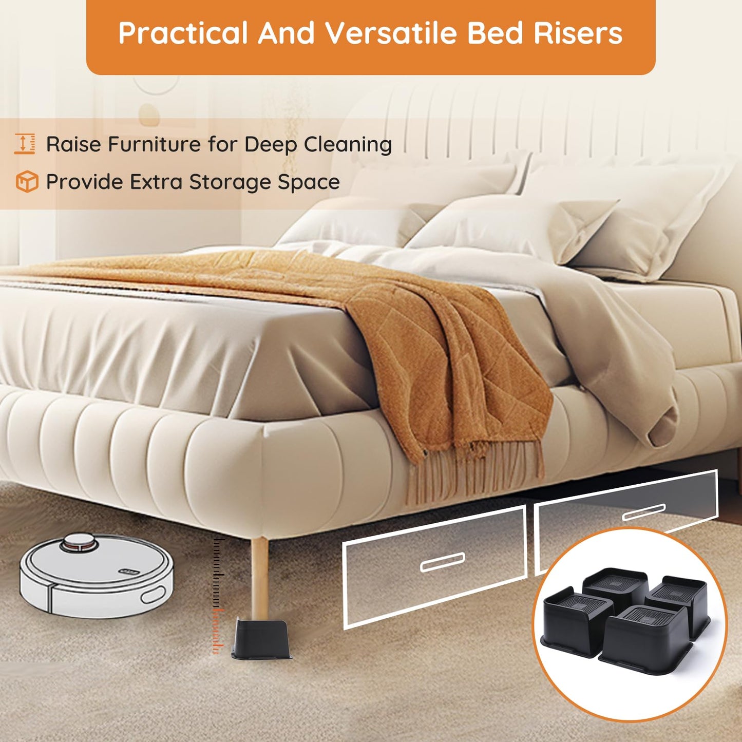 JONHWI Bed Risers, Oversized Furniture Risers, 3 inch Raise Blocks for Bed Couch Desk Sofa Table Lifts, Furniture Legs Lifters Support up to 6000 Lbs (Black, 4 Pack Set)