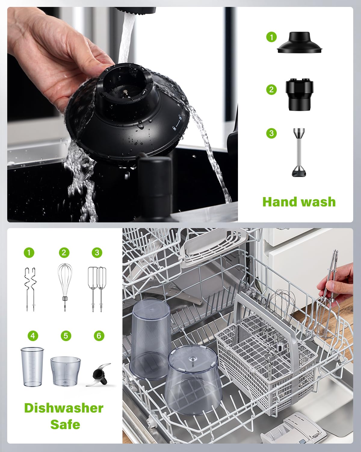 GDOR Hand Blender 1000W, 6-in-1 Immersion Blender Handheld with 20 Speed and Turbo Mode, With Dough Hooks, Egg Beaters, Whisk, 800ml Beaker, 600ml Chopper, BPA Free