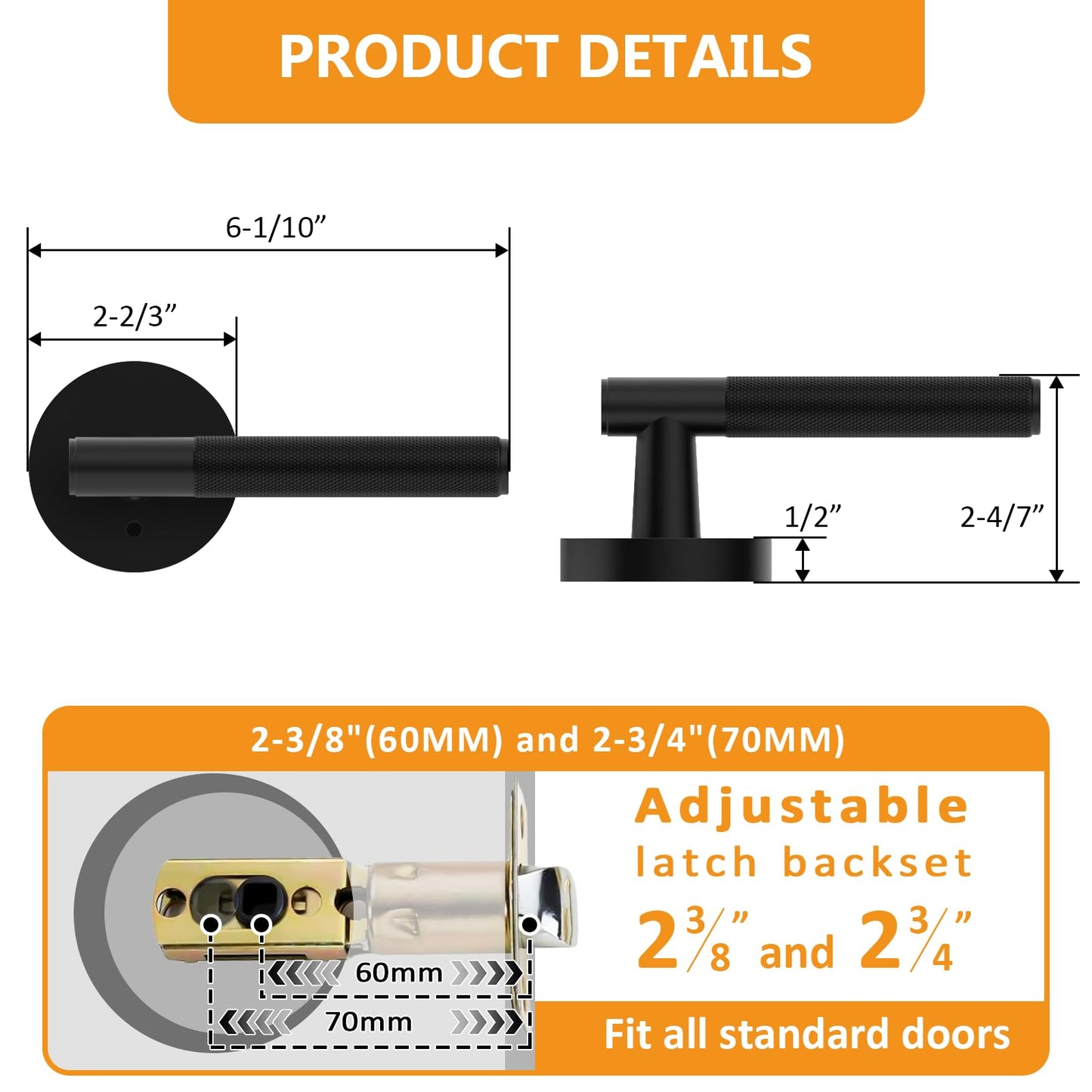 Amerdeco 3 Pack Matte Black Door Handles Interior, Knurled Privacy Door Handles, Heavy Duty Black Door Lever for Bedroom or Bathroom, Reversible Keyless for Left Right Handed Doors AM0016