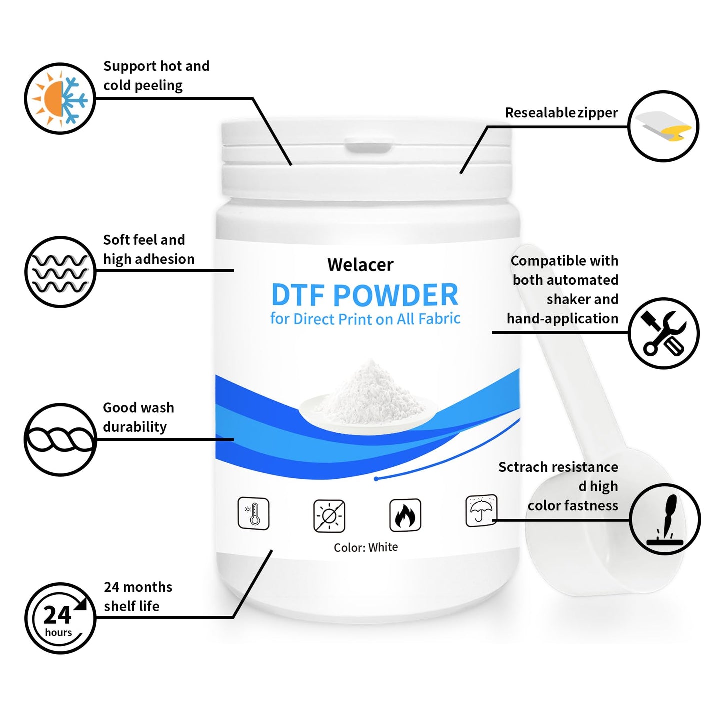 Welacer DTF Powder for Sublimation on Cotton 550g / 1.21lbs, White DTF Pretreat Hot Melt Adhesive Powder for All Transfer Printer Direct Print on Dark or Black Fabric