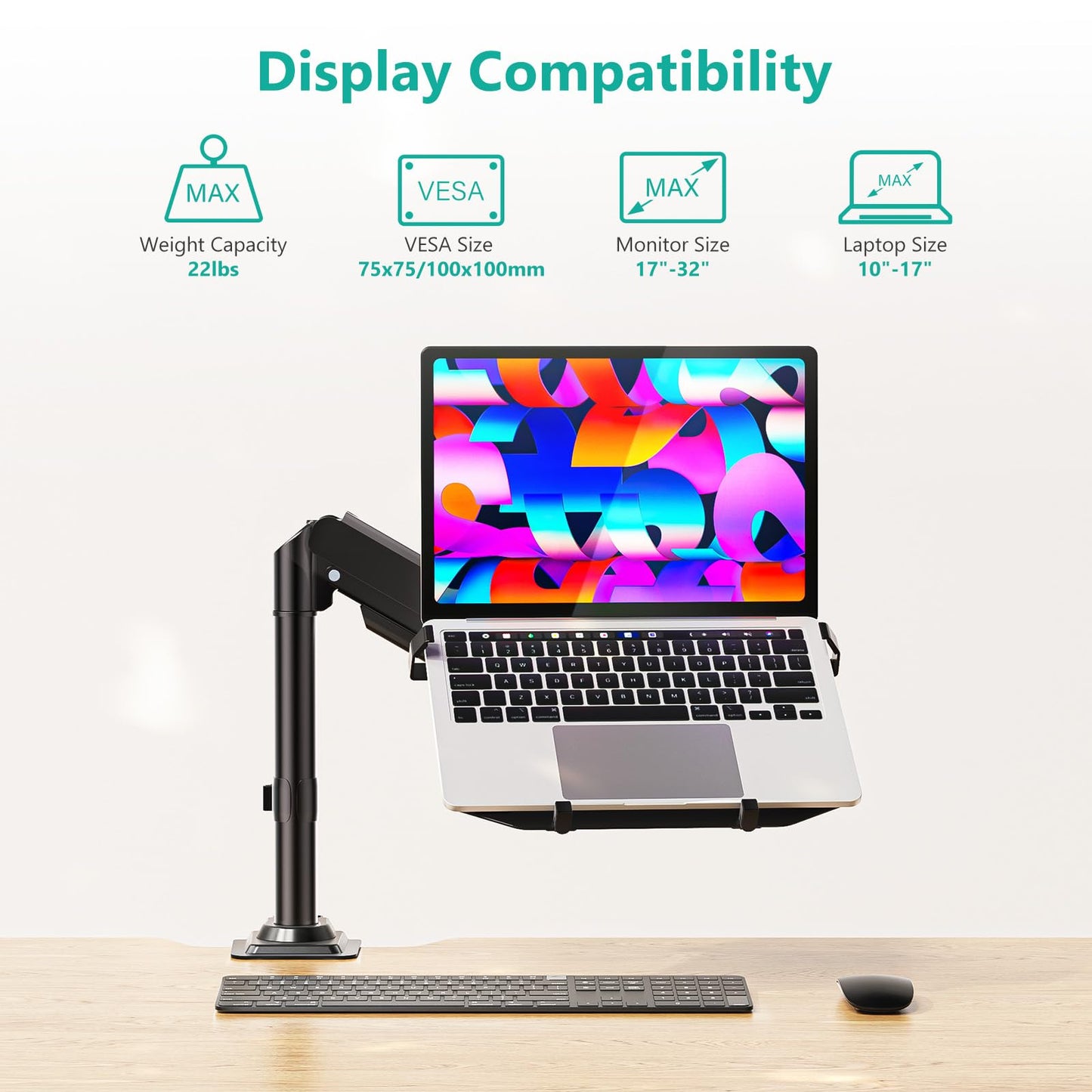WALI Laptop Tray Desk Mount, Laptop Arm Mount Fits 10-15.6 Inch Notebook, 2-in-1 Gas Spring Monitor Arm for 17-32 Inch Computer Screen, Holds up to 22lbs(GSDM00LP), Black