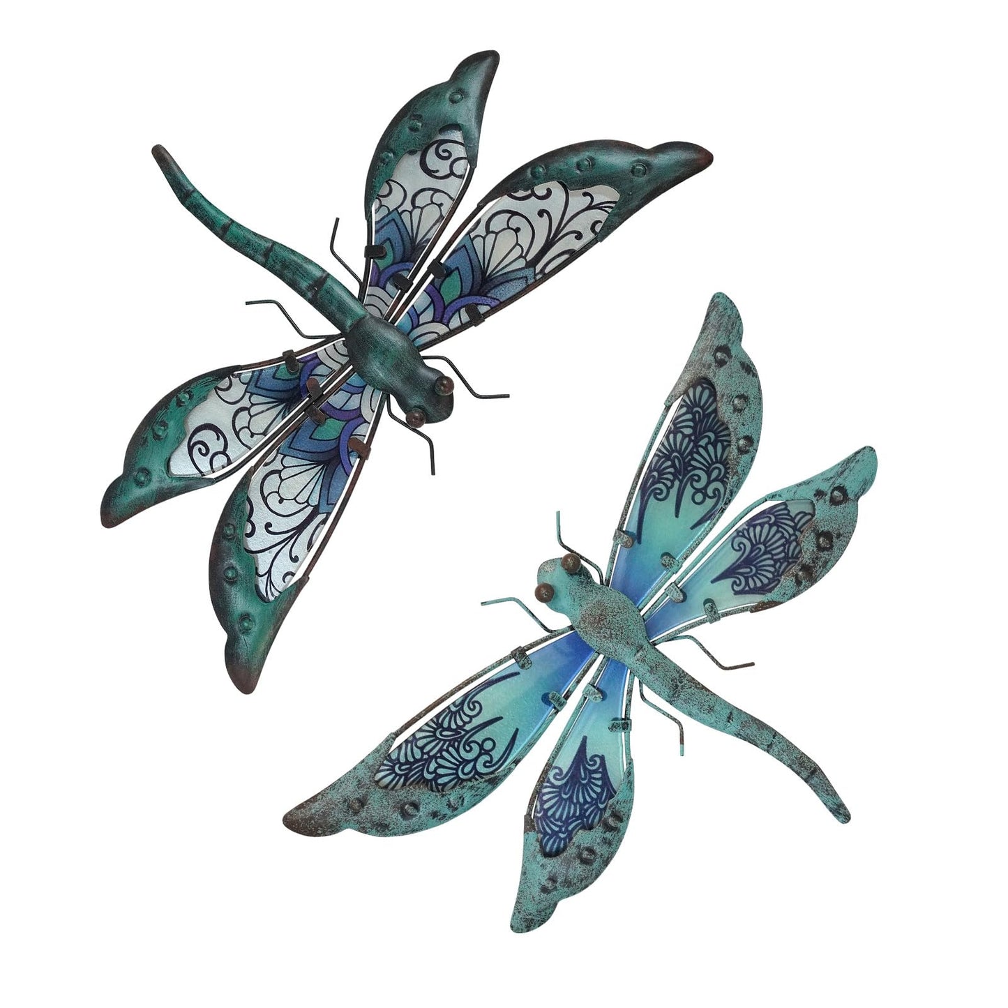 LIFFY Glass Metal Dragonfly Wall Decor a Pair - Outdoor Dragonfly Wall Art - Hanging Metal Dragonfly Decor for Garden and Home Decor - Dragonfly Gifts for Women