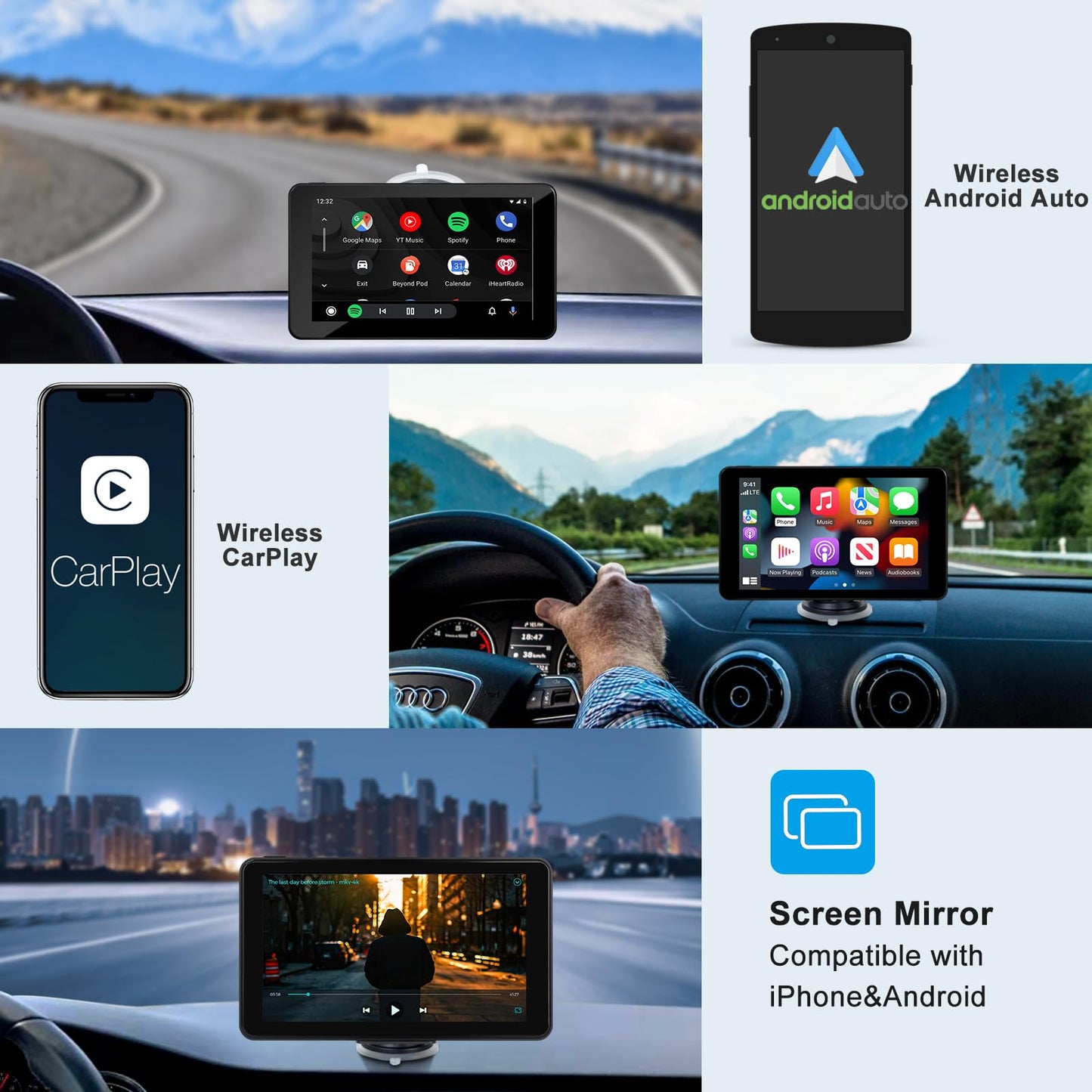 Wireless CarPlay Android Auto Screen for Car, 7" HD Touch Screen Stereo Portable Car Navigation Vedio Music Player Bluetooth Mirror Link, AirPlay, Voice Control, AUX
