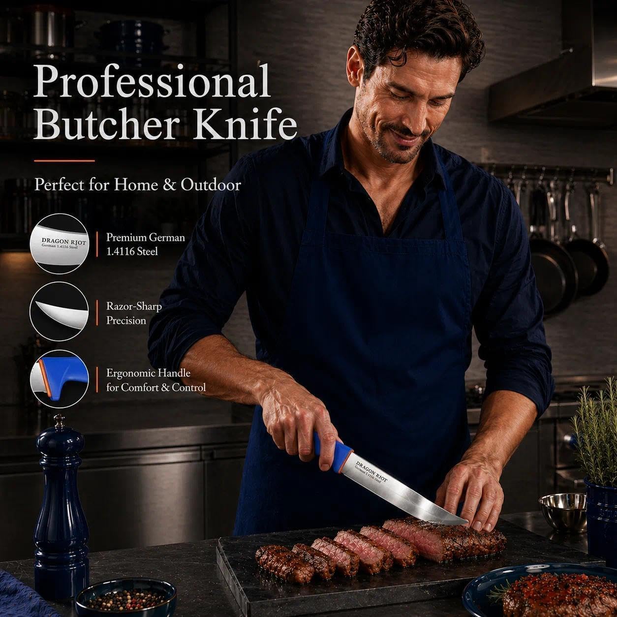 DRAGON RIOT 3 Pcs Butcher Knives Set, Meat Processing Knife Set for Brisket Trimming with German Stainless Steel and Blue Non-Slip Handle Gift for Men