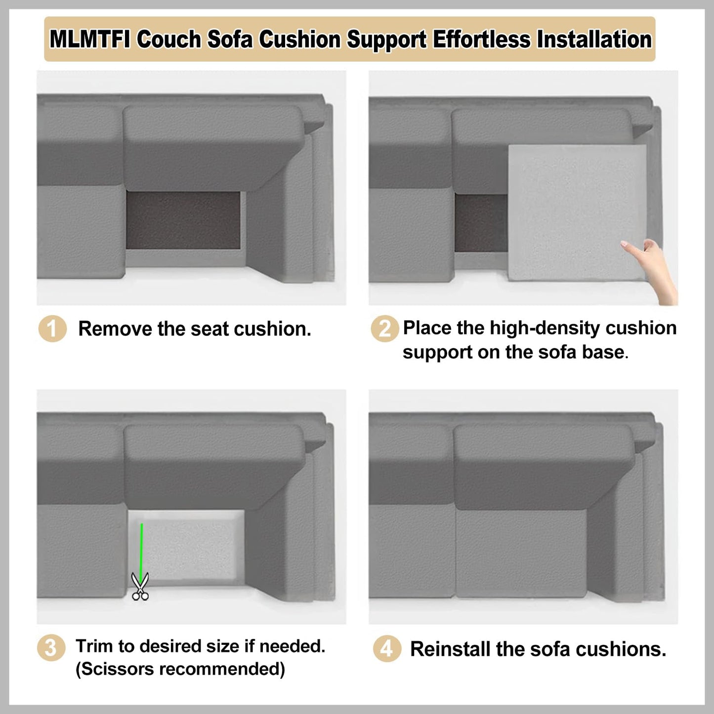 22" x 22" Couch Cushion Support for Sagging Seat, 3 PCS Large Size Insert Sofa Cushion Support Board for Better Lift, 45D High-Density Foam Couch Replacement for Furniture Seat Sagging Repair, Grey