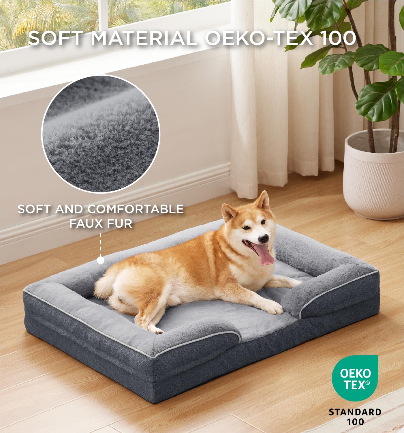 Made4Pets Large Dog Bed with Sides Memory Foam Orthopedic Dog Bed with Removable Washable Cover Dog Couch with Waterproof Liner Dog Sofa Non-Slip Bottom & Egg-Crate Foam, Grey