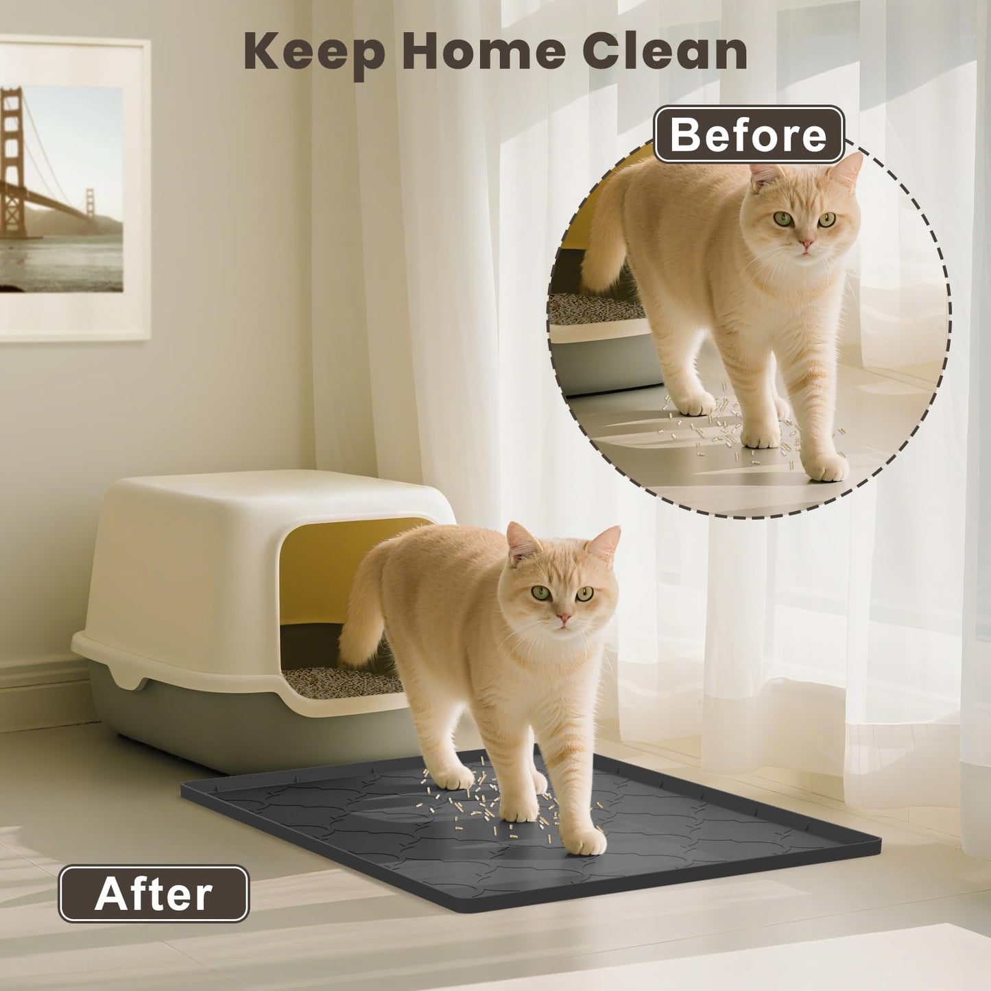 Kixcvdm Cat Litter Mat, 28" X 22" Silicone Litter Box Mat, Cat Litter Trapping Mat for Indoor Use, Easy Clean for Scatter Control, Soft on Kitty Paws, Waterproof & Urine Proof, Black