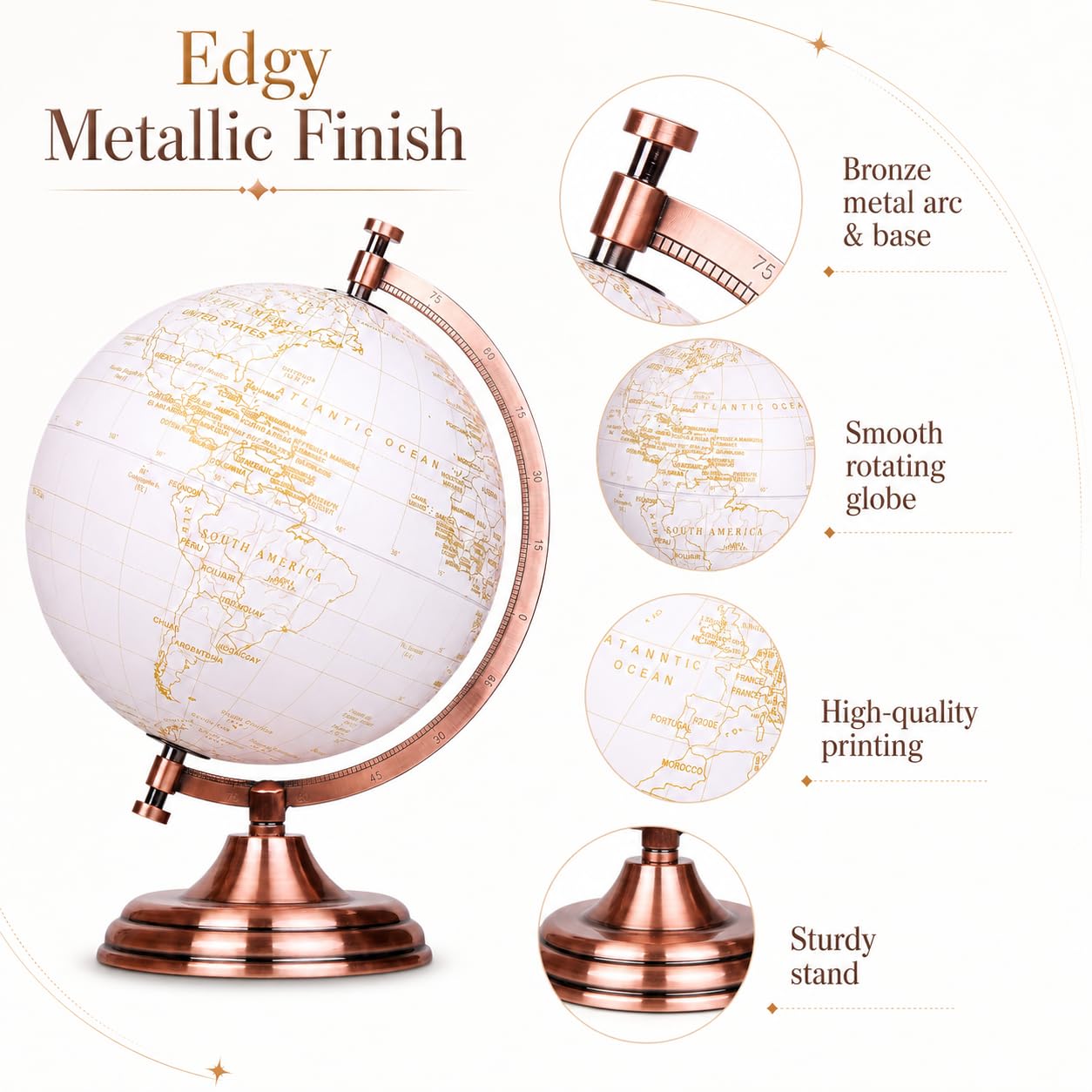 Exerz 20cm(8") Globe Golden and White - Wedding Globe Guest Book - Bronze Metal Arc and Base, Coated in Golden Colour in White (English)