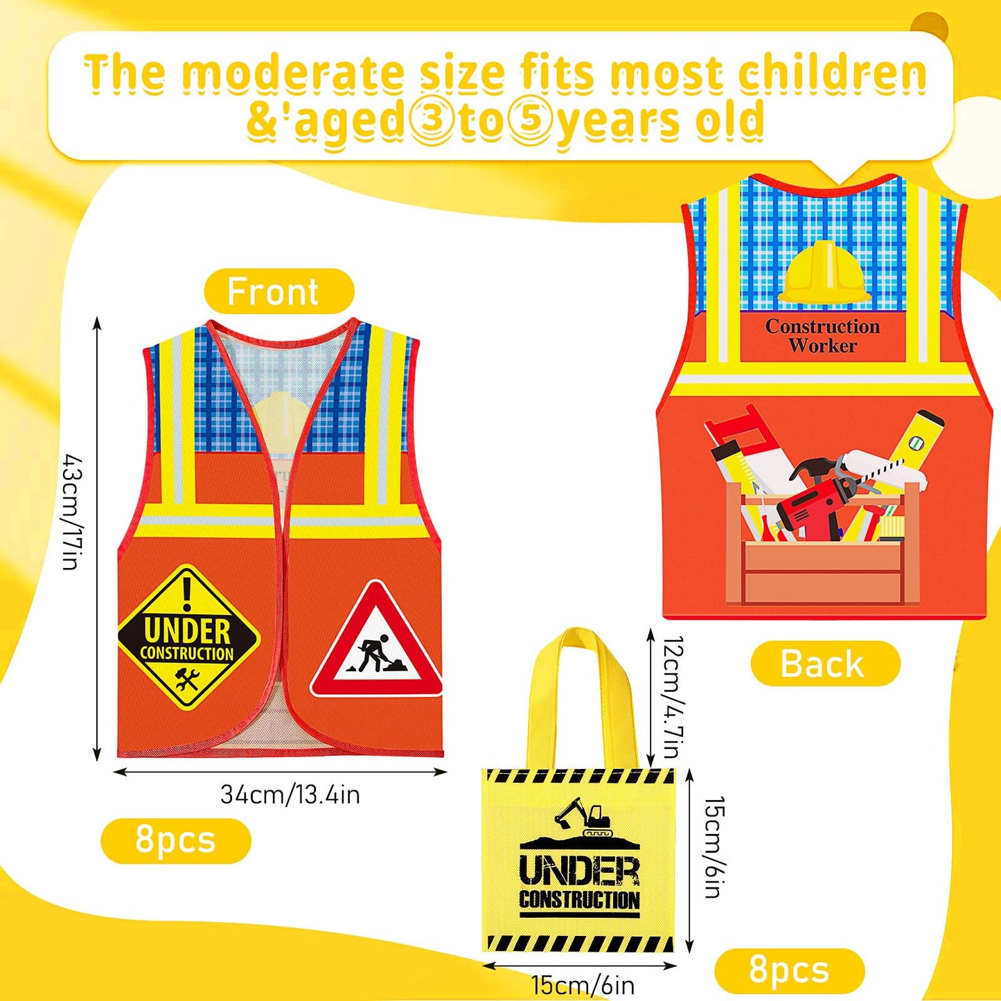 24 Pcs Party Supplies Set, 8 Construction Vests | 8 Construction Hats | 8 Tote Bags for Kids Dress up Birthday Party (SIGNS)