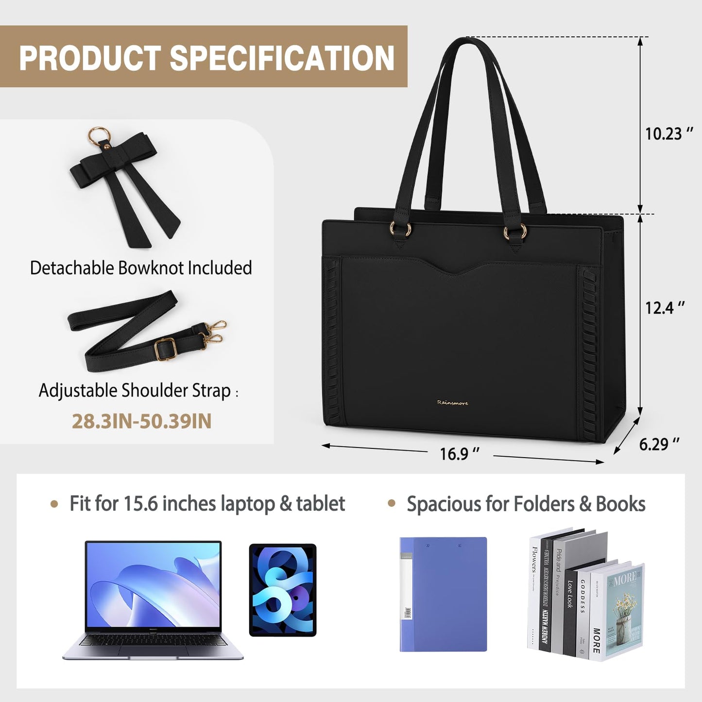 RAINSMORE Laptop Bag for Women 15.6 Inch Work Tote Bag for Women with Detachable Strap & Bow Leather Professional Laptop Tote with Cup Holder, Office Business Briefcase Large Handbag，All Black