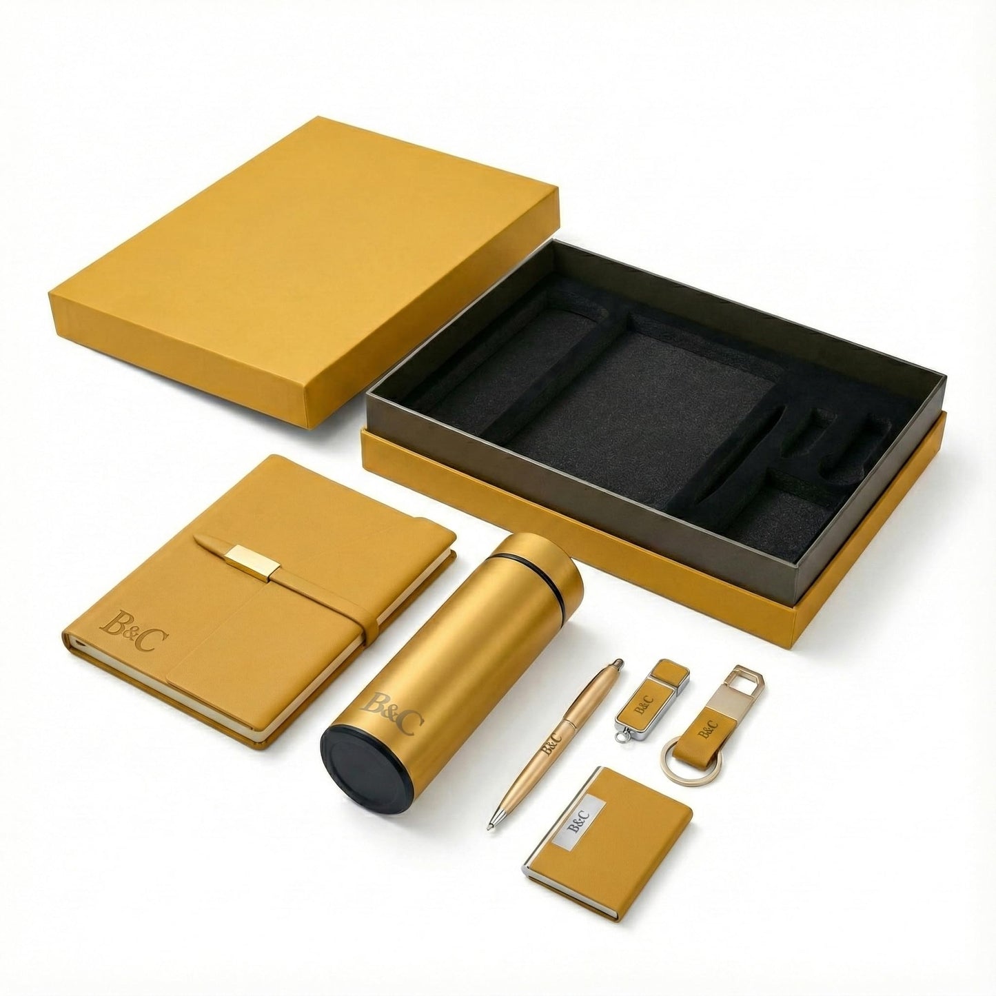 Brindle & Craft 6-Piece Executive Office Gift Set – Gold Desk Accessories with Refillable A5 Vegan Leather Notebook, Insulated Stainless Steel Tumbler, Metal Pen, 16GB USB, Card Holder & Keychain – Professional Corporate Box