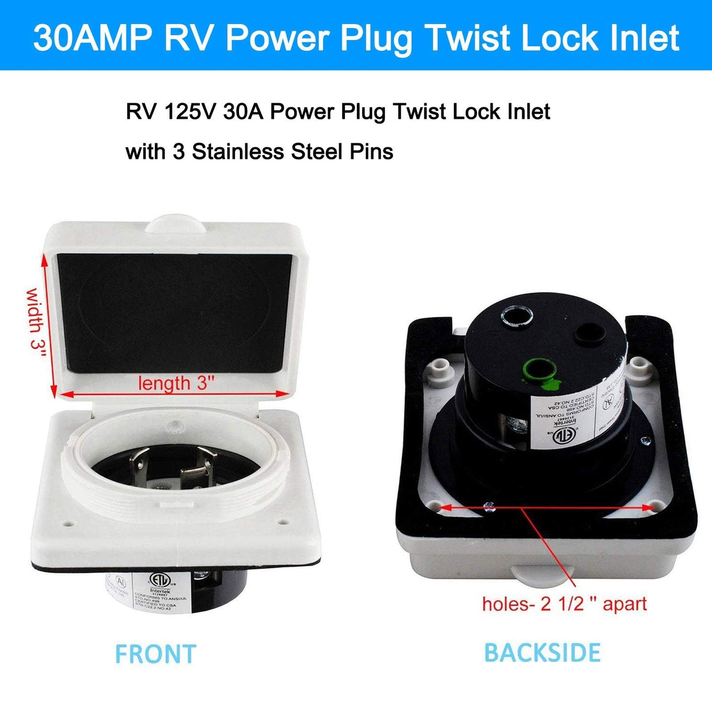 30AMP RV Power Inlet Receptacle, 125V RV Power Plug Twist Lock Inlet, RV Power Female Twist Locking Connector with Weatherproof Cover Boot for Trailer Boat Camper, RV Shore Power Inlet Plug Kit
