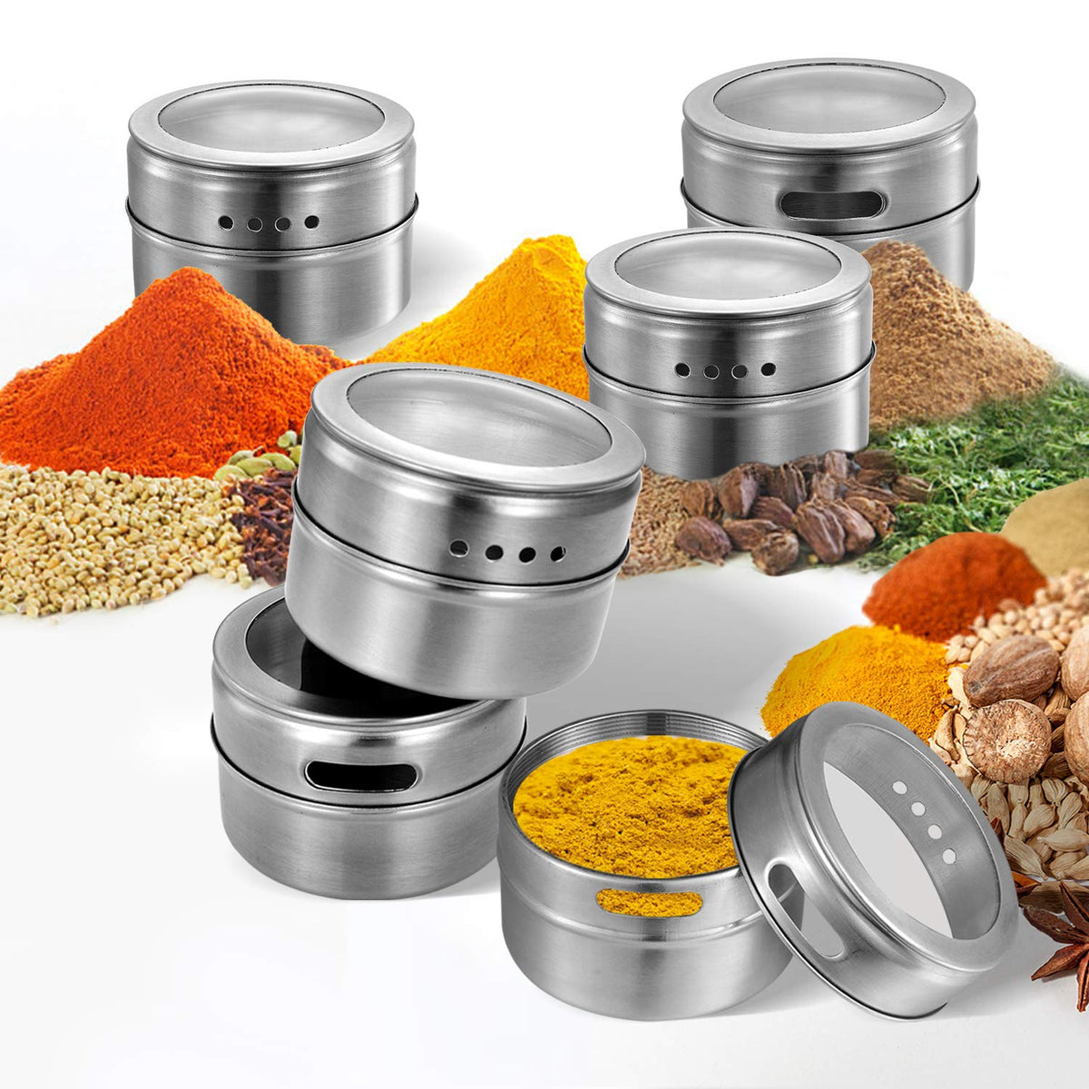 Upgrade Magnetic Spice Jars 12pcs with Wall Mounted,Stainless Steel Spice Tins with Lid and Small Holes for Sprinkle Rust Free Easy to Clean Includes 94 Labeling Stickers by Beeyoka