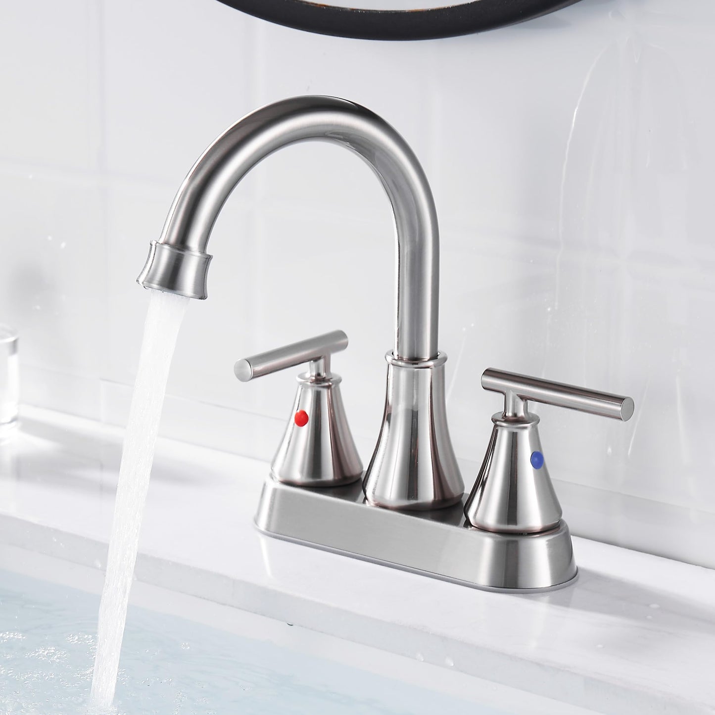Fransiton Bathroom Sink Faucet 3 Hole 4 Inch Centerset, Brushed Nickel 2 Handle Lead-Free Modern Bathroom Faucet Vanity Faucet with Pop-up Drain Stopper and Supply Hoses