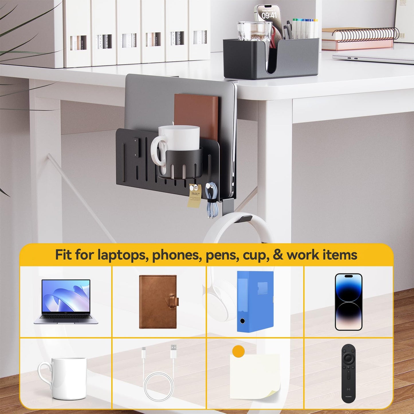 KDD 7 in 1 Desk Side Organizer Set, Under Desk Laptop Holder Storage, No Drill Laptop Mount with 2 Cup Holder, Pen Holder, Headphone Hanger and 2 Pin Magnet, Detachable Hanging Stand for Office & Home