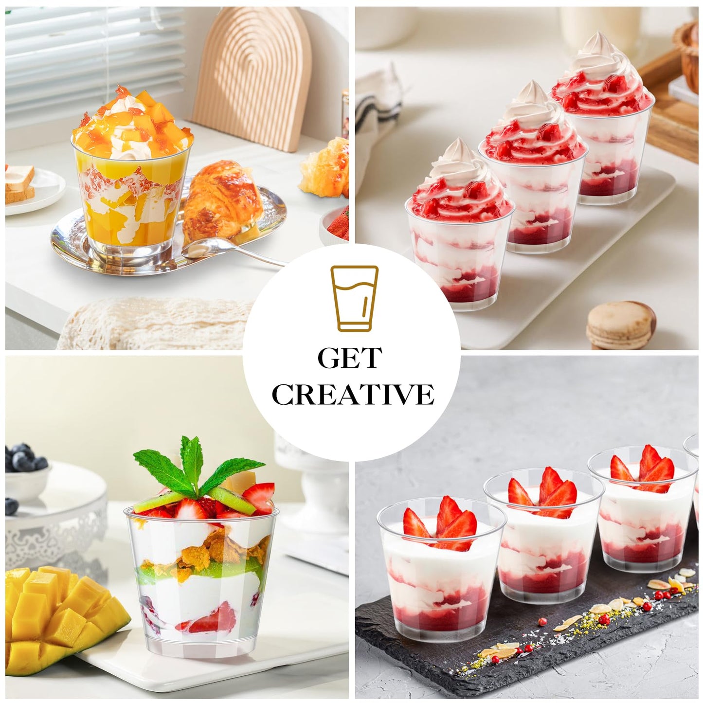 100 Pack Dessert Cups with Lids and Spoons, 7 OZ Mini Clear Plastic Dessert Parfait Cup for Party Small Round Serving Appetizer Cups Disposable Fruit Ice Cream Pudding Yogurt Jello Shot Cake Cup Bowls