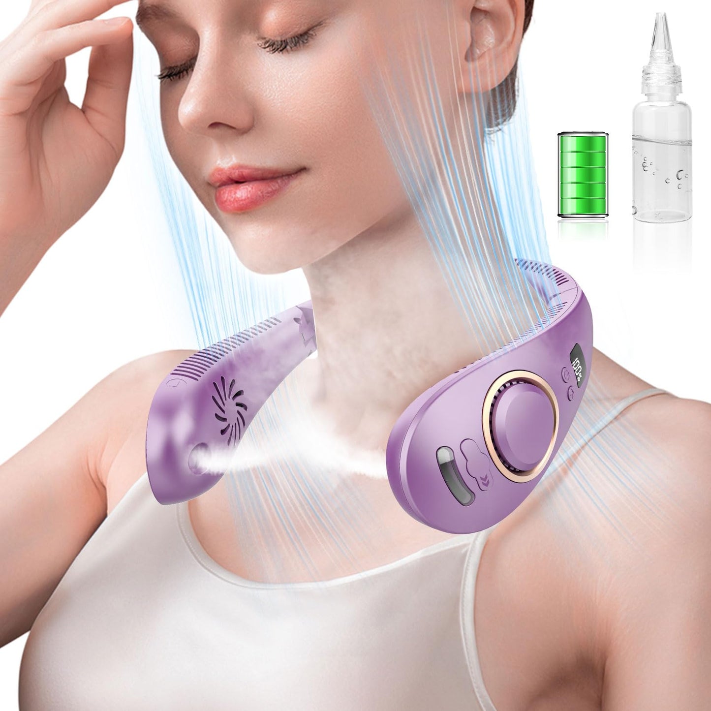Personal Fan with Water Mist,Bladeless Neck Fans for Women Rechargeable,Electric Cooling Neck Fan for Men,Folding Battery Operated Misting Fan Air Circulator Necklace Fan for Travel,Home,Office Purple