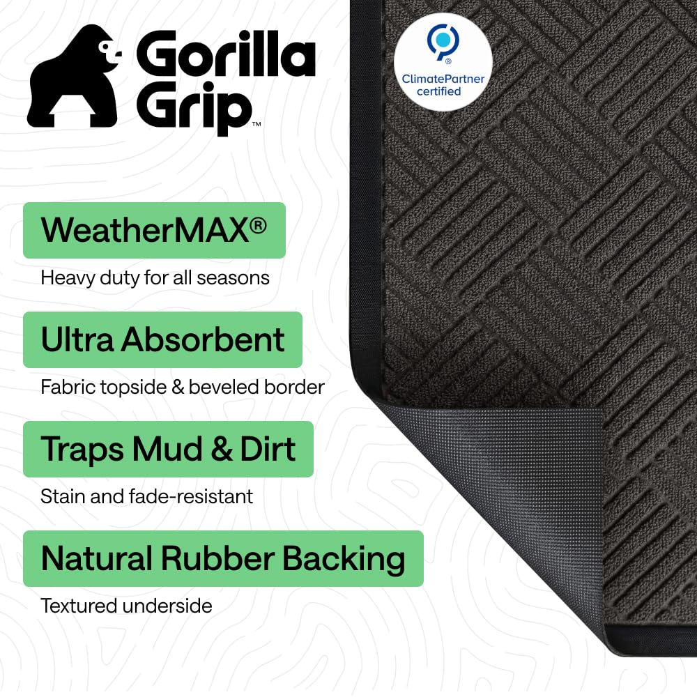 GORILLA GRIP Durable Natural Rubber Door Mat, Waterproof, 23x35, Low Profile, Heavy Duty Welcome Doormat for Indoor and Outdoor, Easy Clean, Rug Mats for Entry, Patio, Busy Areas, Gray Diamond
