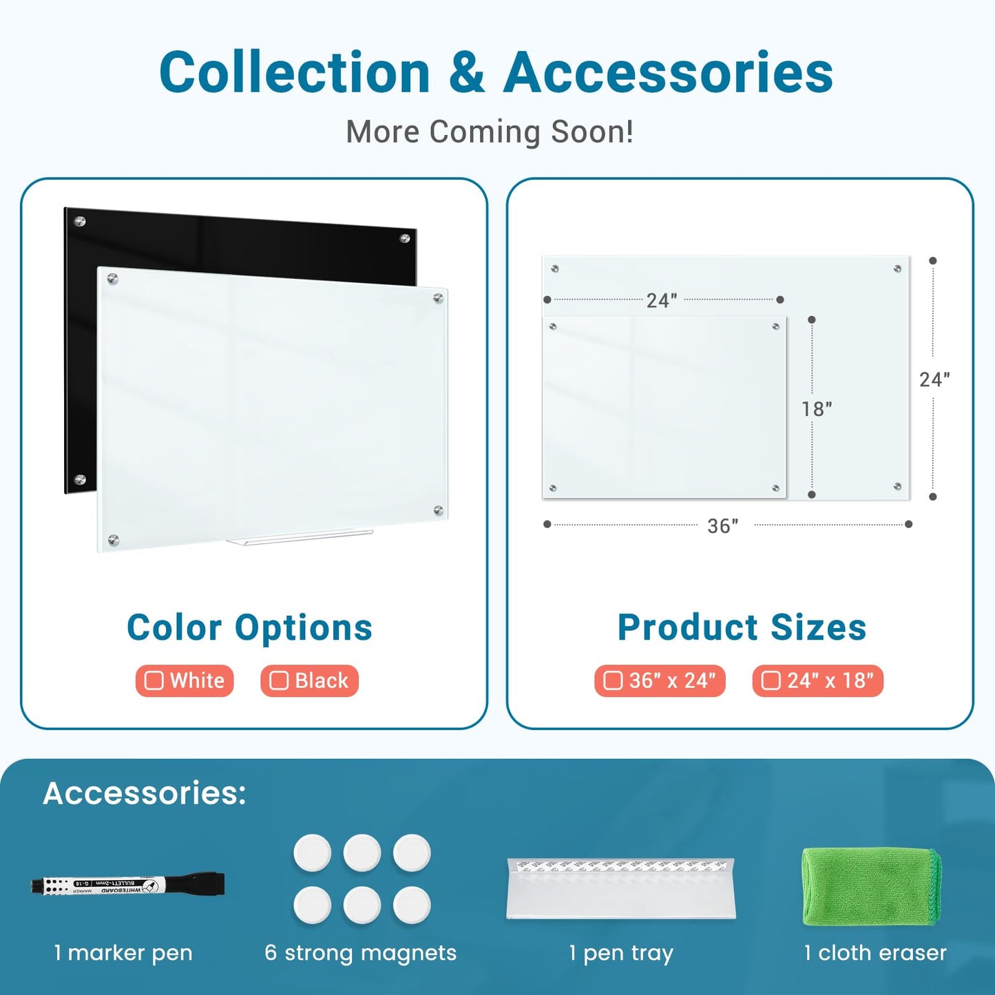 QUEENLINK Magnetic Glass Whiteboard, 24"X18" Dry Erase Board for Wall, Large Frameless Glass White Board with 1 Marker Tray and 6 Magnets for Office, Home, Classroom