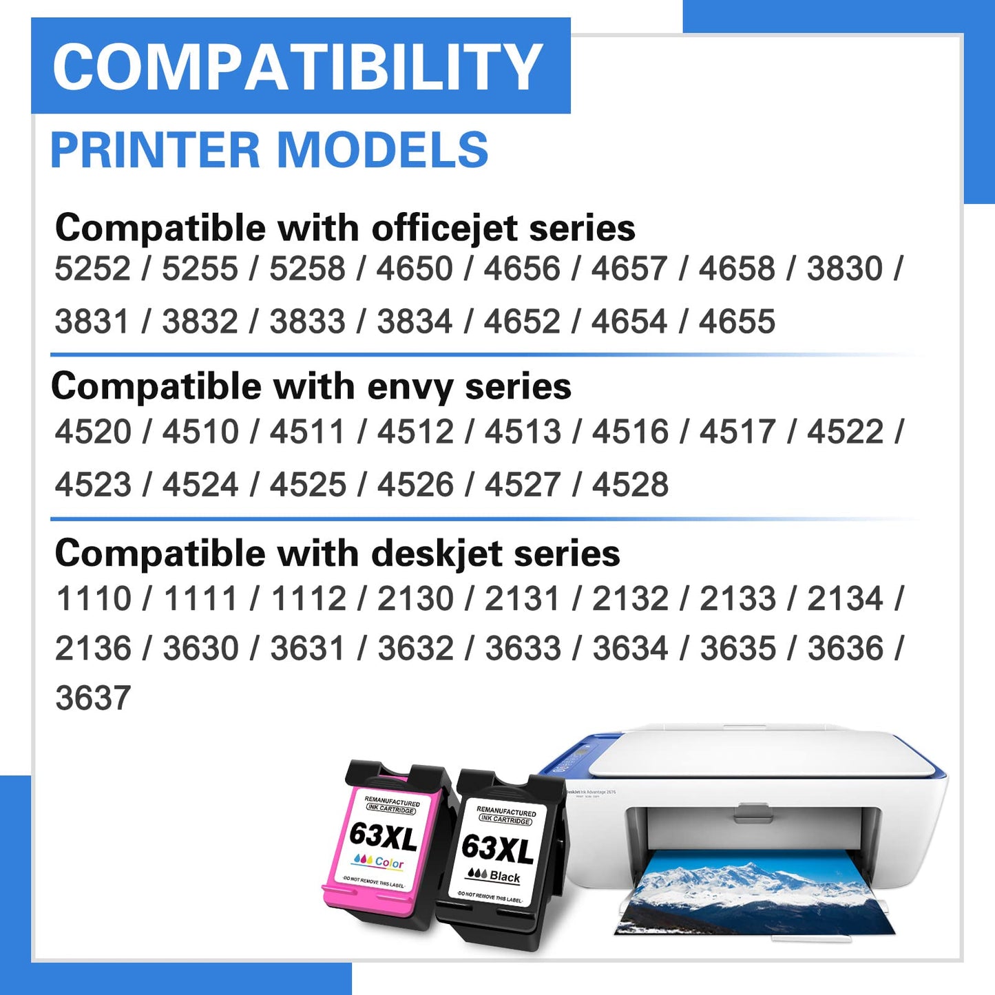 Jonity Remanufactured 63XL Ink Cartridge Replacement for HP 63 HP63 XL Combo Pack Work with Envy 4520 3634 OfficeJet 3830 5252 4650 5258 5255 DeskJet 3636 3630 1112 3637 Printer (1 Black 1 Color)