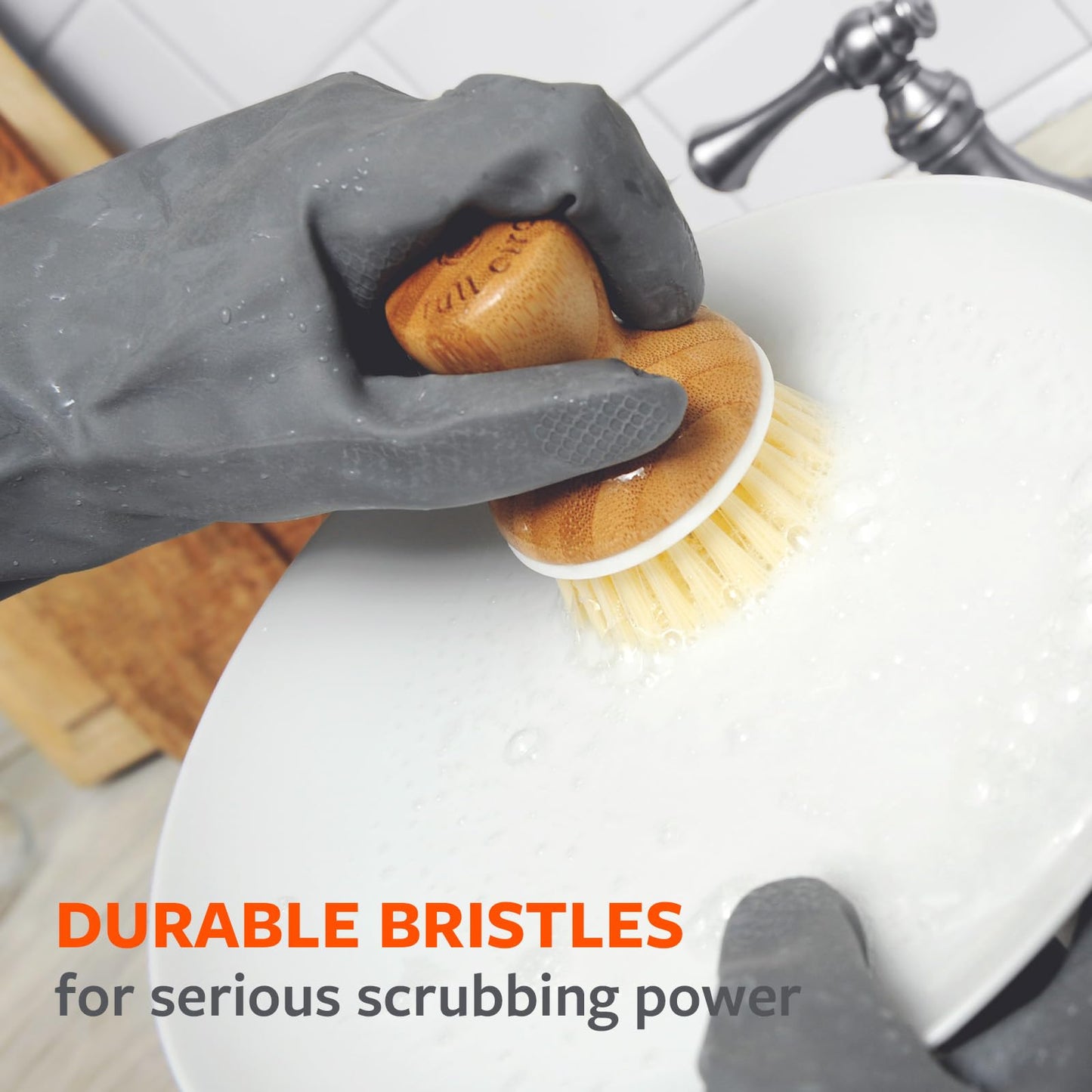Umarex Full Circle Bubble Up Ceramic Dispenser & Bamboo Handle Replaceable Kitchen Scrubber with Soap Holder, Gray, Dish Brush + Dispenser, Grey/White