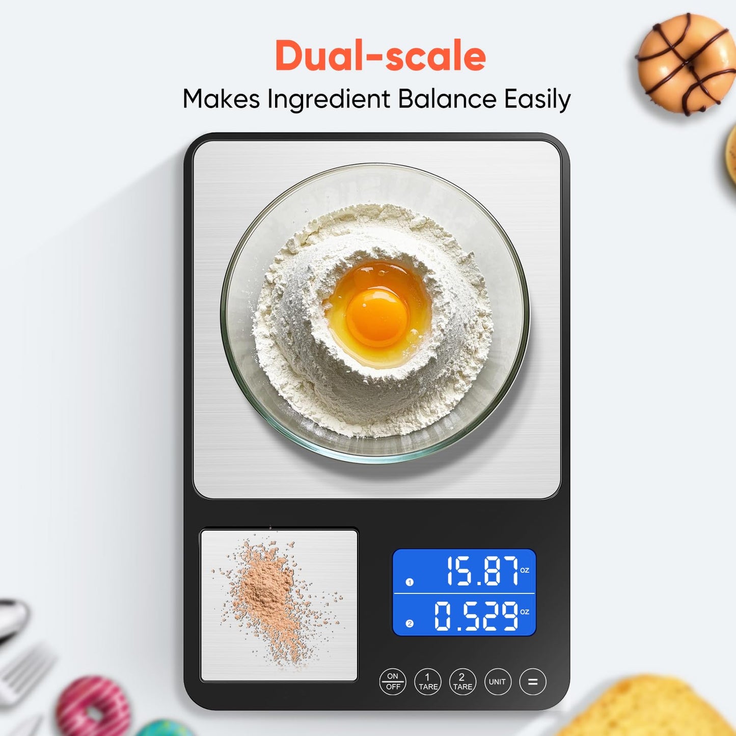 KUAIVO Dual Platform Digital Kitchen Scale, Two Scales in One, 33lb/15kg & 0.001oz/0.01g Precision, Coffee & Food Scale, Dual Display, Stainless Steel, Tare, g/oz/lb/ml