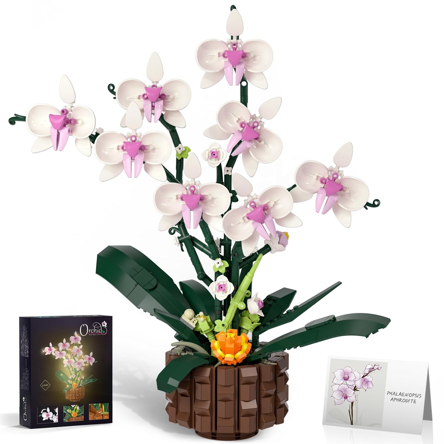 1004 Pieces Flower Building Blocks Set, Artificial Orchid Toy Building Sets with Fairy Lights and Postcards, Creative Flower Construction Kits for Adults and Kids Aged 8-14, Ideal present for Festival