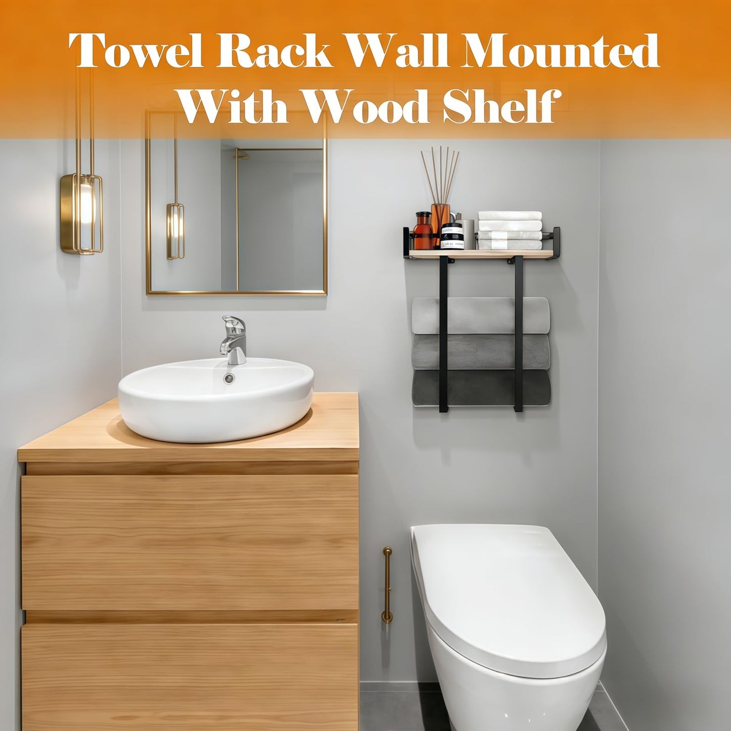 Bathroom Wall Mounted Towel Rack - Metal Towel Holder with Wooden Shelf, Easy to Install, Fits Large Folded Towels, Towel Storage Organizer for Small Bathroom & RV Camping Decor