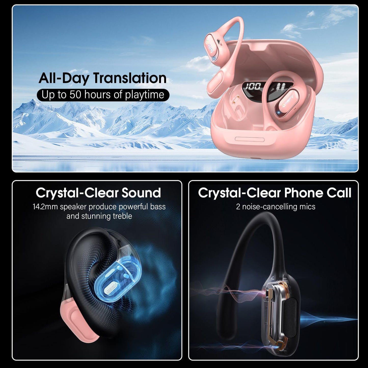Ai Translation Earbuds Real Time with Audio and Video Calls, 3-in-1 Buletooth 5.4 Translator Earbuds with 6 Translation Modes/164 Languages/No Subscription Required, 50H Headphones (Pink)