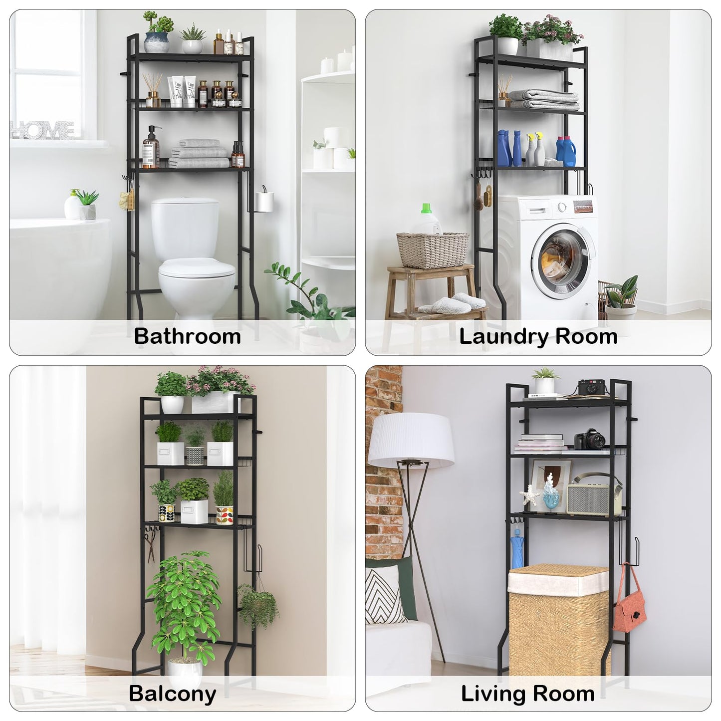 YBING Over The Toilet Rack 3 Tier Bathroom Shelf Over Toilet Storage Organizer Freestanding Above Toilet Storage Rack with Metal Frame and Hook Bathroom Stand and Space Saver Shelf,Black
