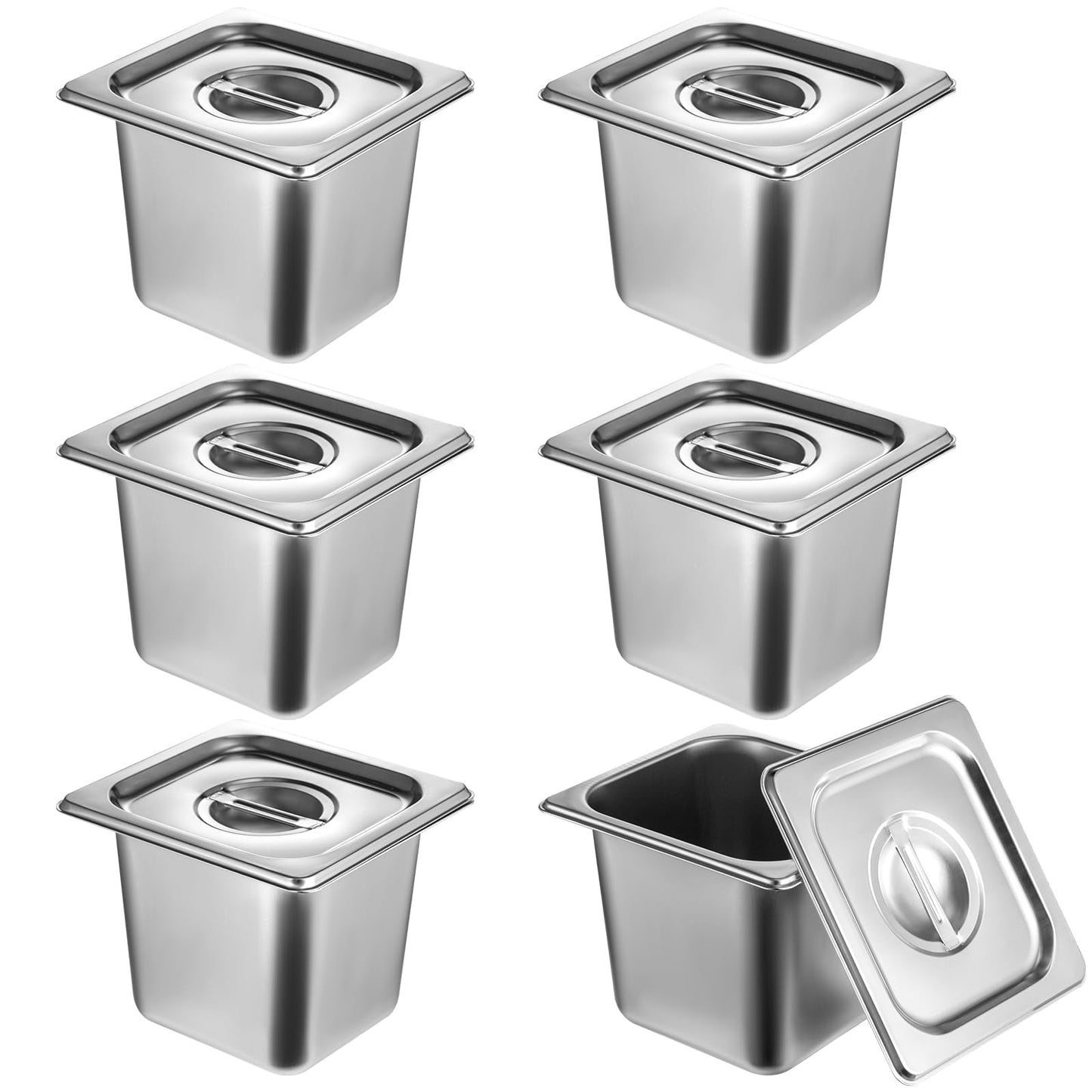 6 Pack Stainless Steel Hotel Pans with Lid 1/6 Size x 6" Deep Steam Table Pan 0.8 mm Thick Commercial Food Storage Containers Anti Jam Pan Stainless Steel Steamer Pan for Hotel Restaurant Buffet