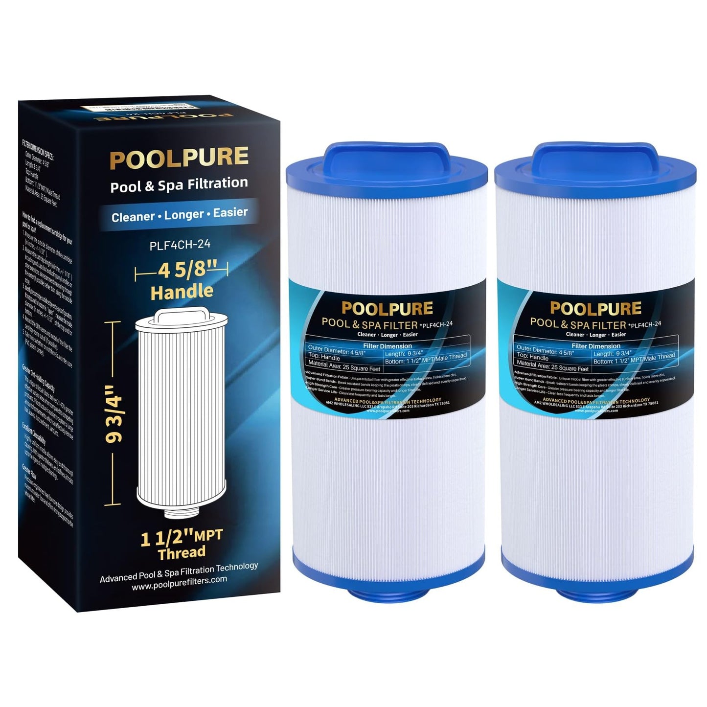 POOLPURE Spa Filter Replaces PGS25P4, Unicel 4CH-24, Filbur FC-0131, 20254-238, SD-00004, CH25, PAS-1217, 12519, Gatsby 25, 25 sqft Filter Cartridge, 2 Pack