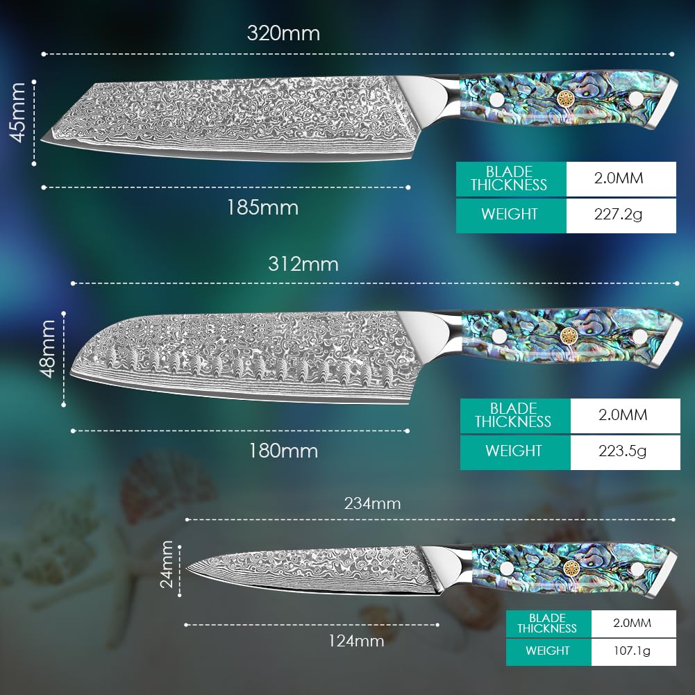 Damascus Chef Knives 3 Piece Kitchen Knife Set Damascus Steel Professional Chef's Knife – Razor Sharp Cleaver Set with Ergonomic Natural Resin Handle Cooking Knife