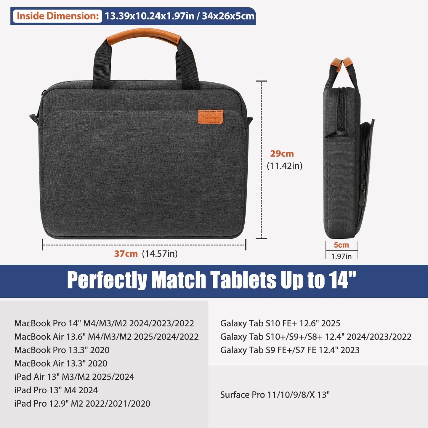 MoKo 13-14 Inch Laptop Sleeve Bag, Protective Handle Shoulder Bag Fits New 13-inch Mac Air/Pro M4, 14-inch MacBook Pro M3/M2/M1, 13-inch MacBook Air M3/M2/M1, Black & Gray