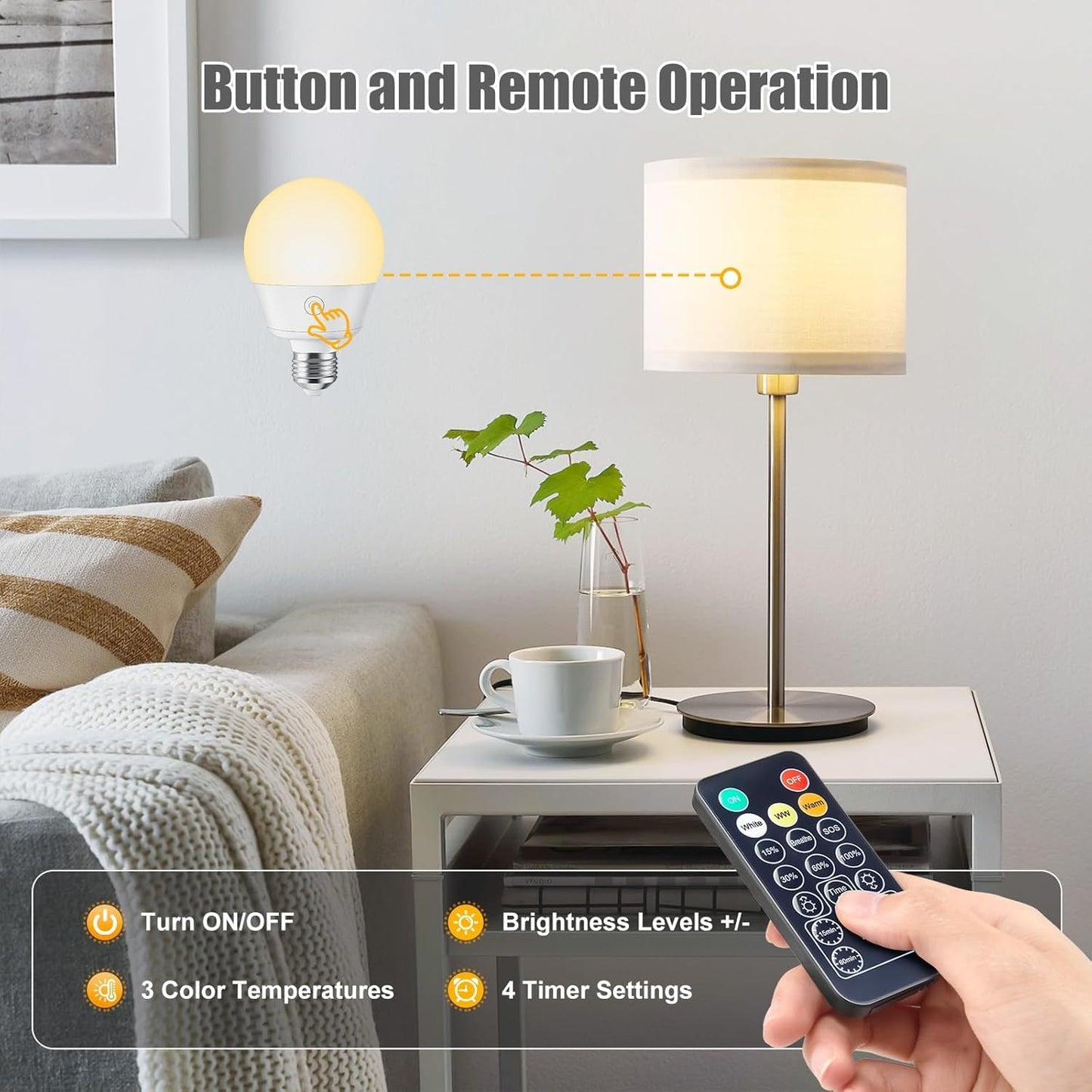 USB Rechargeable Light Bulb with Remote and Timer, Battery Backup Bulb for Sconces and Lamps, Portable Night Light, Emergency LED Light, E26 Detachable Charging, 3 Lighting Colors, Dimmer, 7W, 2 Pack