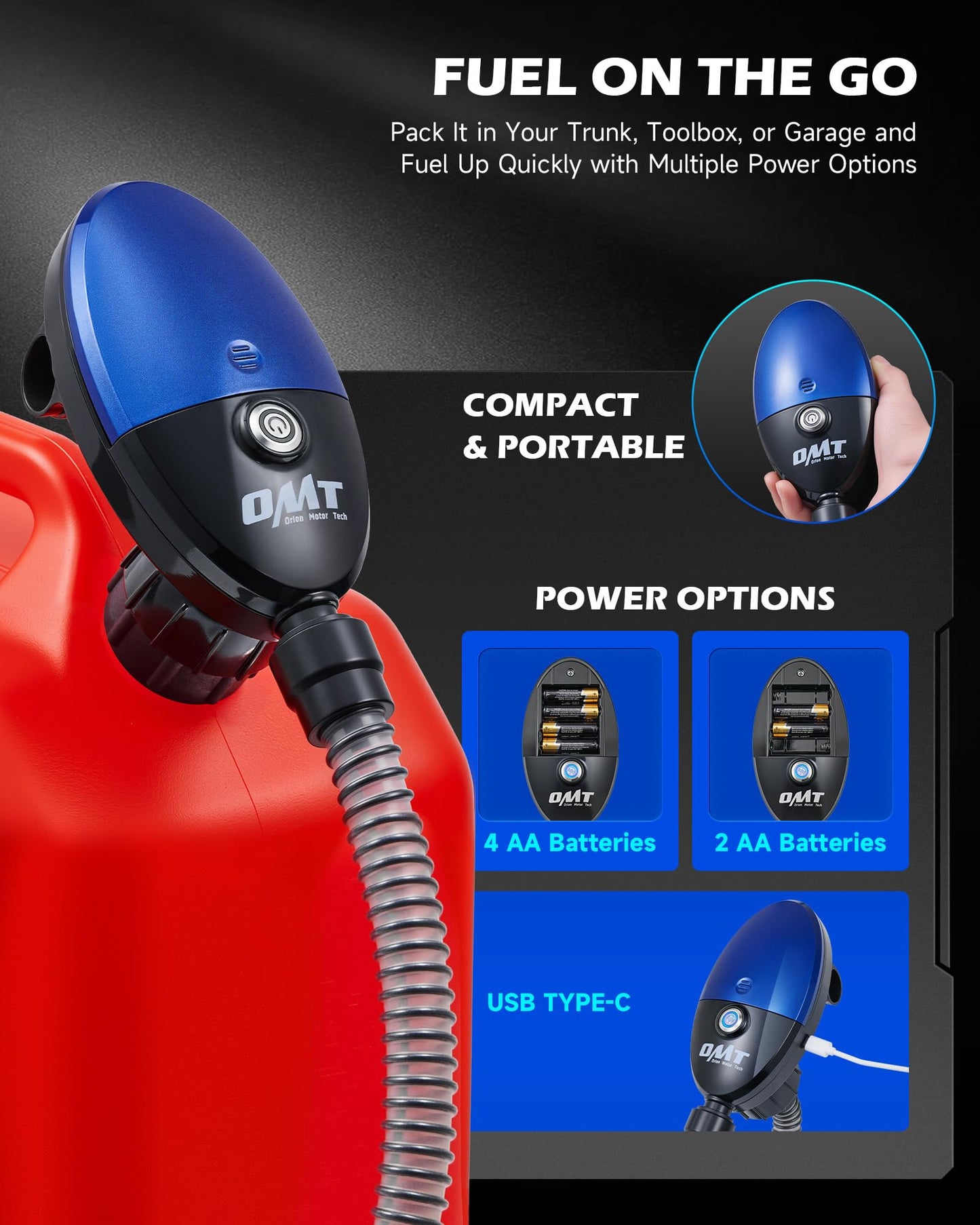Orion Motor Tech Fuel Transfer Pump, 3.2GPM Electric Gas Can Pump, 1.3 m Hose Auto-Shutoff Nozzle, USB-C & AA Battery (NO BATTERIES INCLUDED) Powered, 4 Adapters for Gasoline, Diesel, Kerosene, Blue