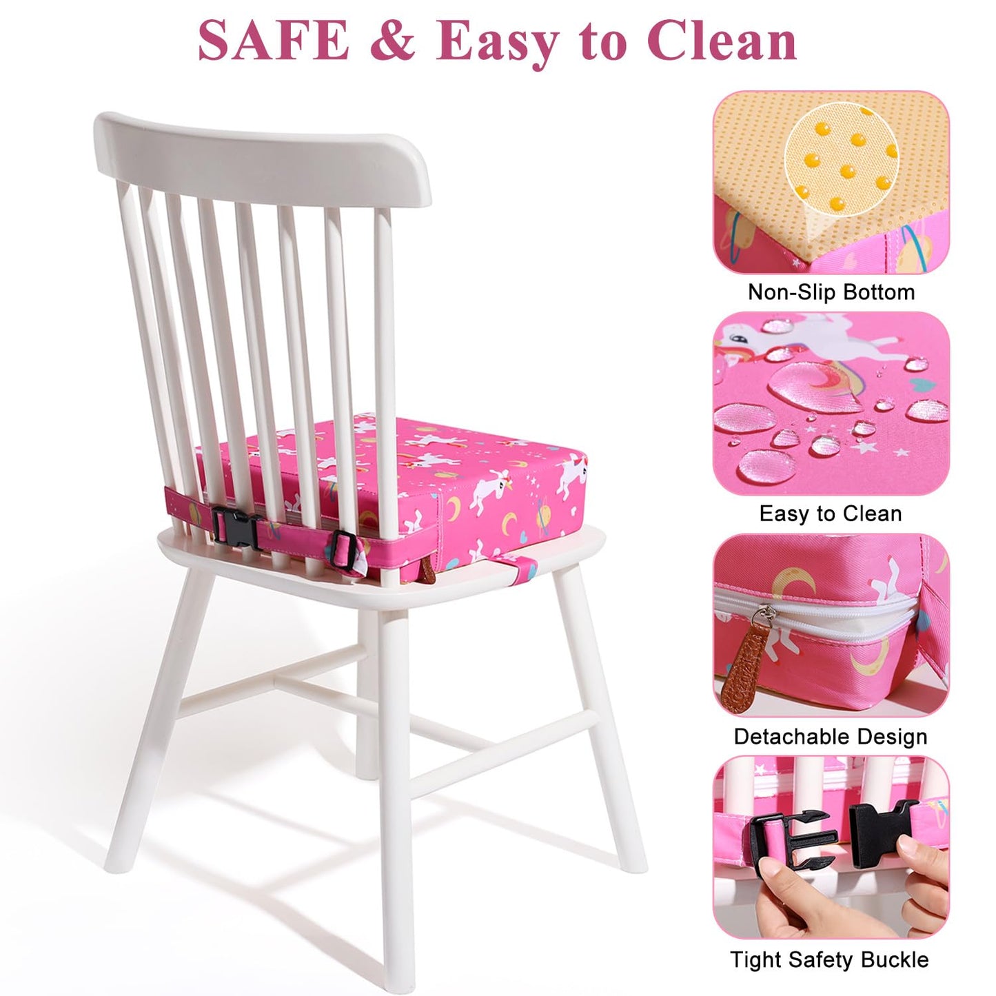 YONTINY Booster Seat for Eating Toddler, Washable PU Kitchen Chair Booster Seat with Double Adjustable Safe Straps, Non-Slip Bottom, Baby Portable Travel Camping Increasing Cushion