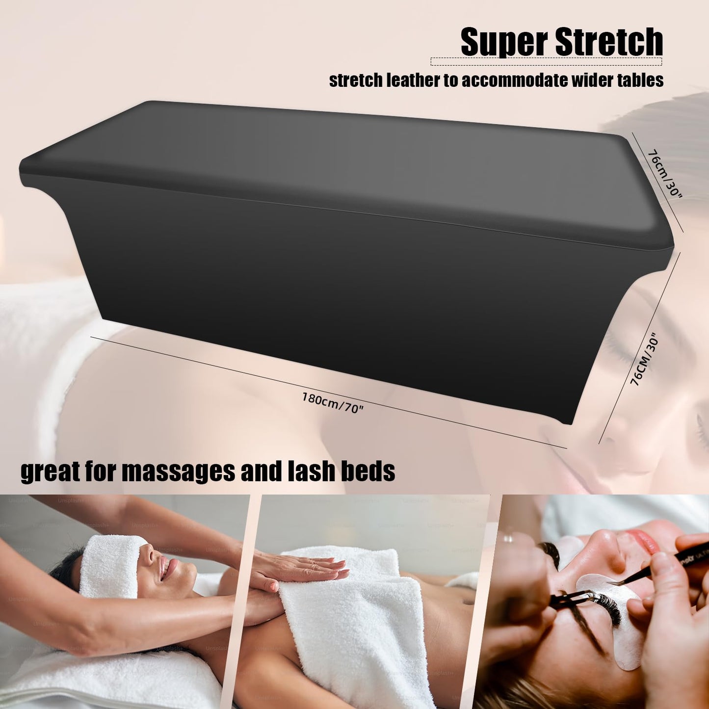 Lash Bed Cover PU Leather Massage Table Cover Protector Waterproof & Wipeable Protective Cover for Spa Table, Ultra-Durable and High Elasticity Vegan Leather Lash Bed Topper(Black, 6FT)