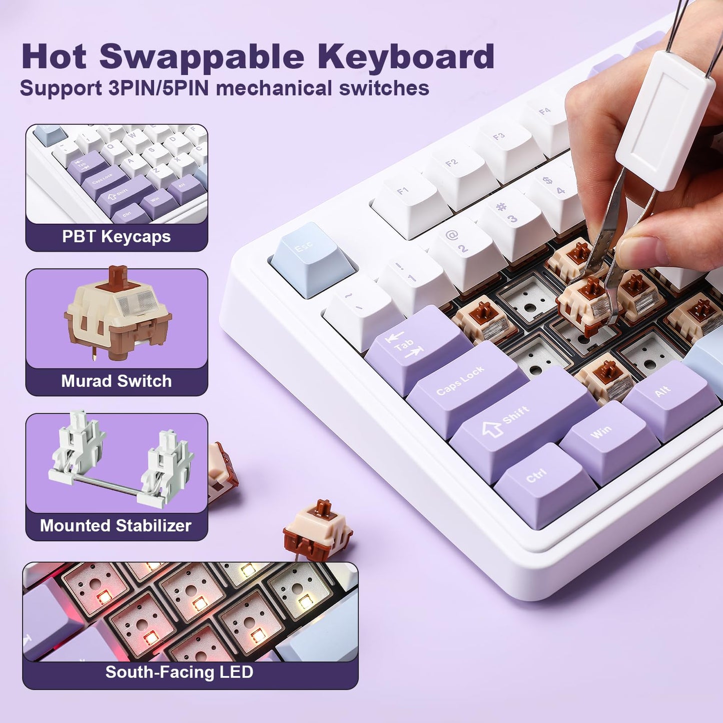 MIKIBY AJAZZ AK980 Mechanical Gaming Keyboard with Smart Display & Knob,98% Wireless Keyboard Tri-Mode BT/2.4G/USB-C, Hot Swappable, PBT Keycaps, with RGB Light for Win & Mac(Purple,Murad Switch)