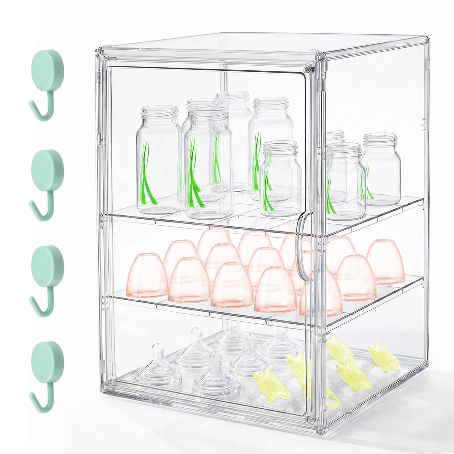 Zebrater Baby Bottle Organizer, 3 Tier Bottle Storage Organizer Baby, Adjustable Clear Acrylic Bottles Storage Station with Magnetic Door and Hook for Pacifiers Pump Parts, Makeup & Bathroom Organizer
