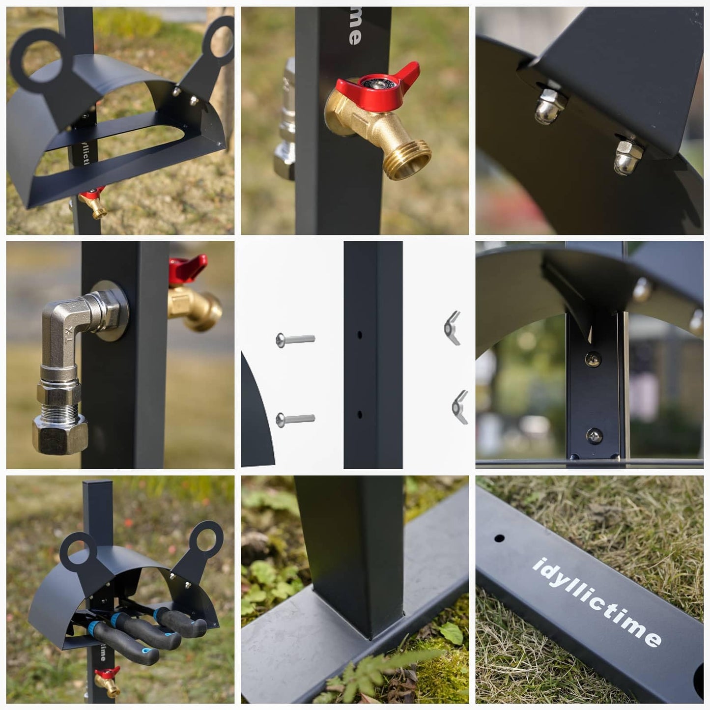 idyllictime Garden Hose Holder Freestanding for Outside With Tool Storage Heavy Duty 2MM Carbon Steel (Deep Grey, carbon steel)