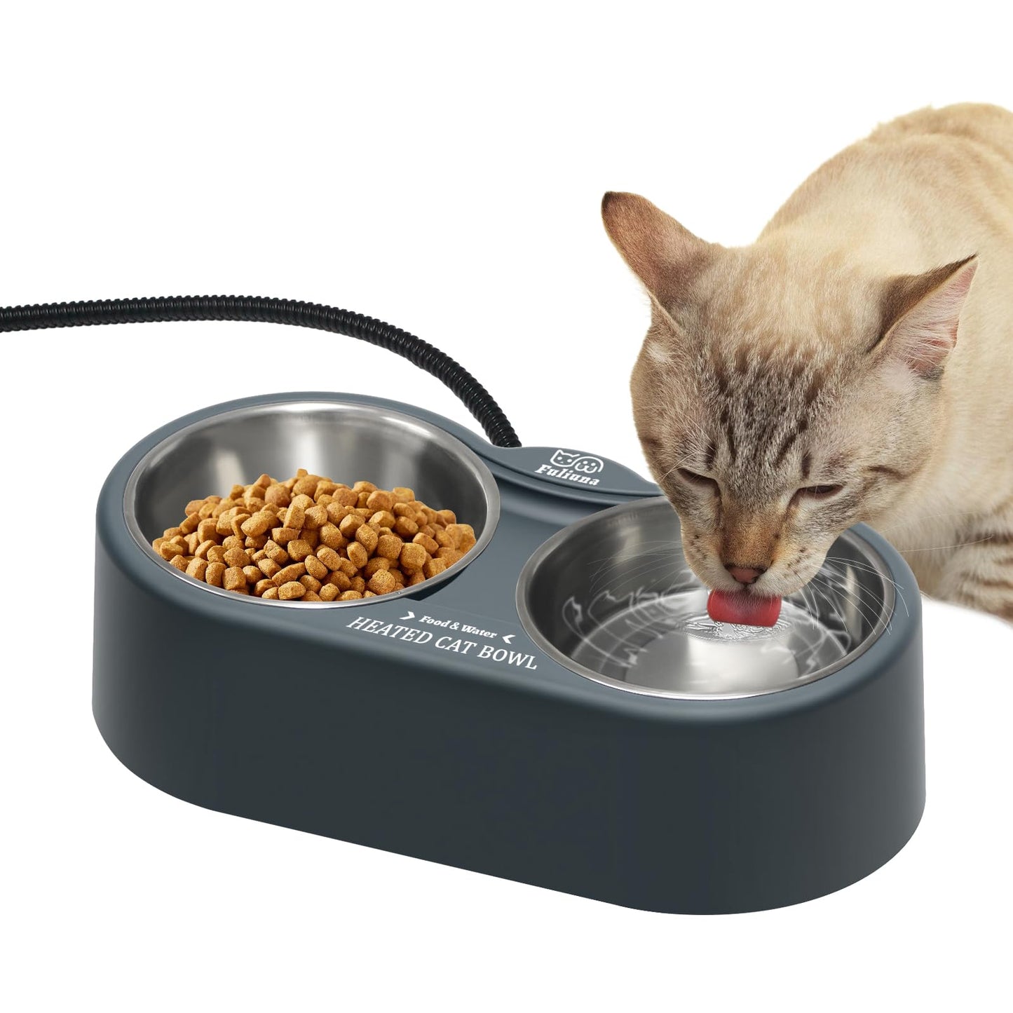 Fuliuna Heated Cat Bowl, Outdoor Heated Pet Bowl with Double Stainless Steel Bowl 24 OZ, Water Food Bowl for Cat Pet, Thermal Pet Bowl Provide Drinkable Water and Hot Food in Winter