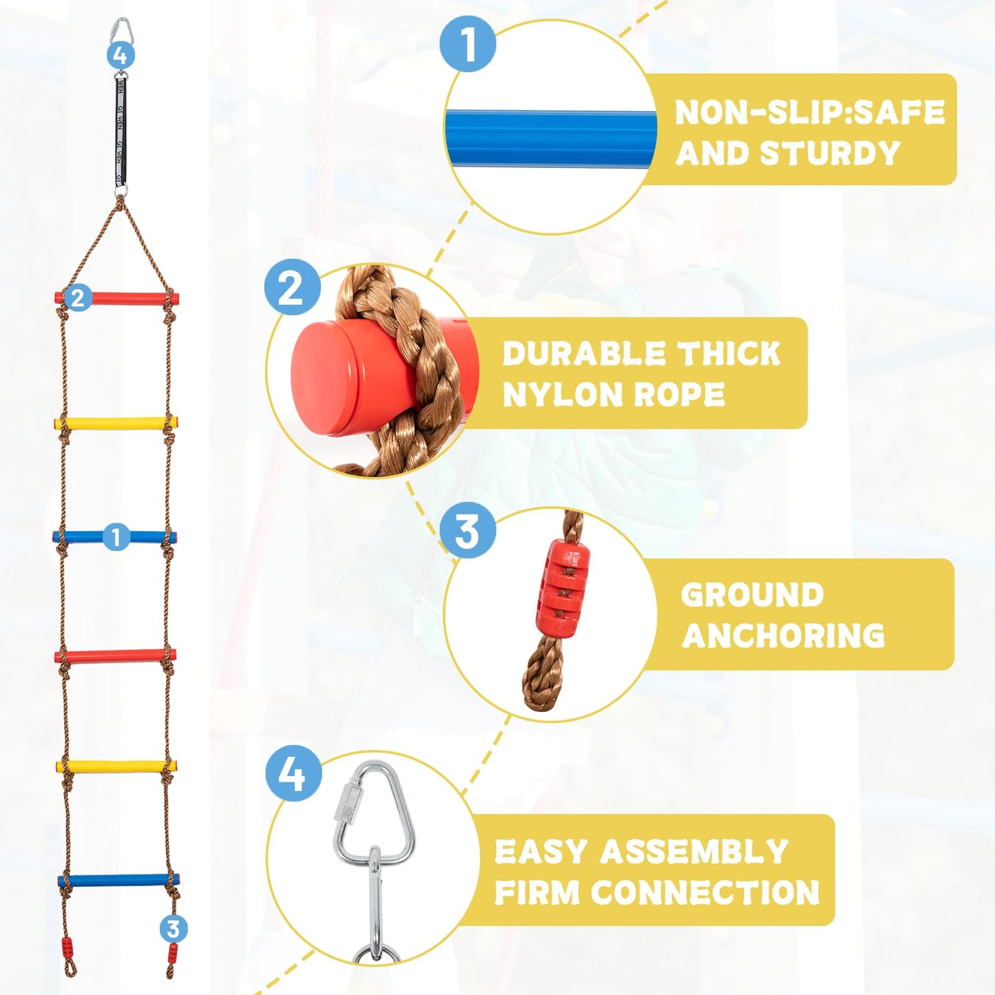 AKOZLIN 6.6FT Climbing Rope Ladder for Kids Hanging Climbing Ladder Rope Tree Swing with 1 Strap & 2 Carabiner Indoor and Outdoor Backyard Playground Play Swing
