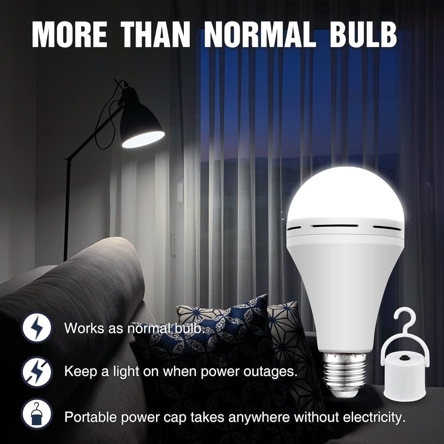 4 Packs Rechargeable Light Bulb, 15W 80W Equivalent LED 6000K Emergency Battery Light Bulb Stay Lights Up When Power Failure, 1200mAh Battery Operated Light Bulb for Home, Camping, Tent